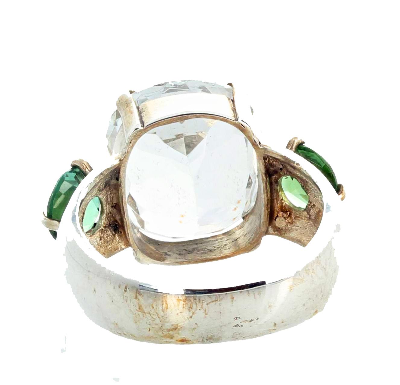 Mixed Cut AJD HUGE 11.80 Ct Natural White Topaz & Green Tourmaline Bright Silver Ring For Sale