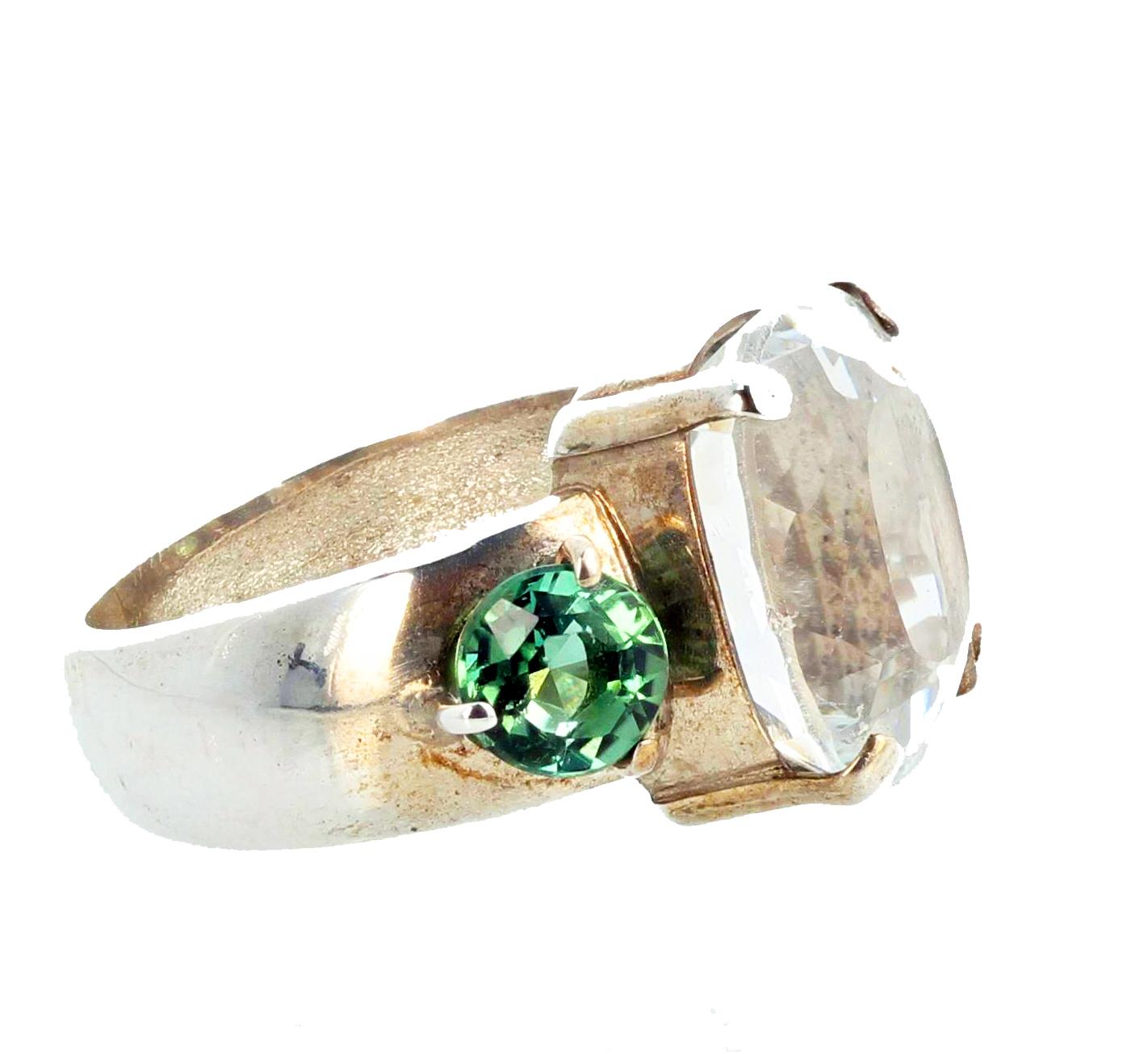 AJD HUGE 11.80 Ct Natural White Topaz & Green Tourmaline Bright Silver Ring In New Condition For Sale In Raleigh, NC