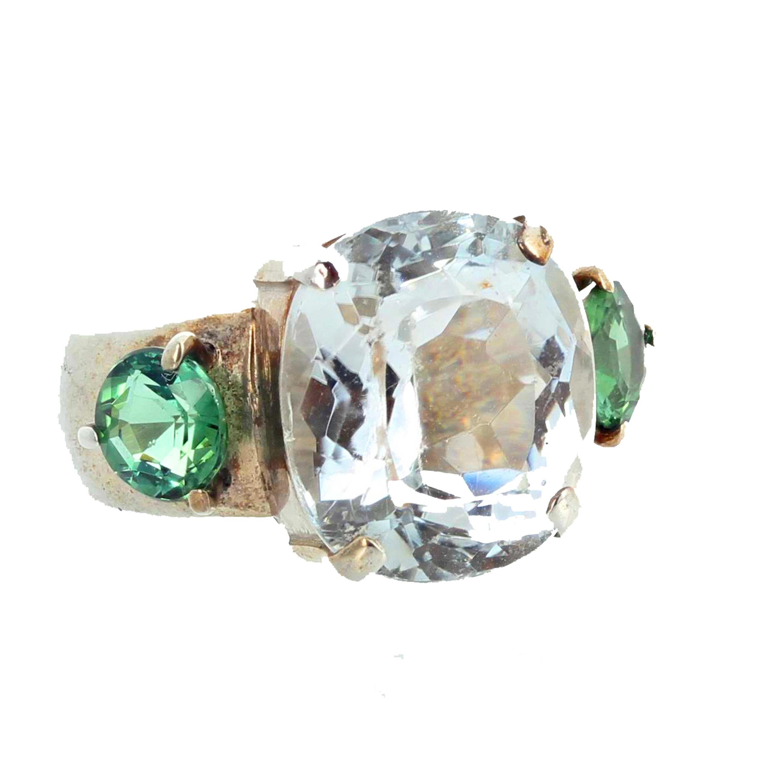 Women's or Men's AJD HUGE 11.80 Ct Natural White Topaz & Green Tourmaline Bright Silver Ring For Sale