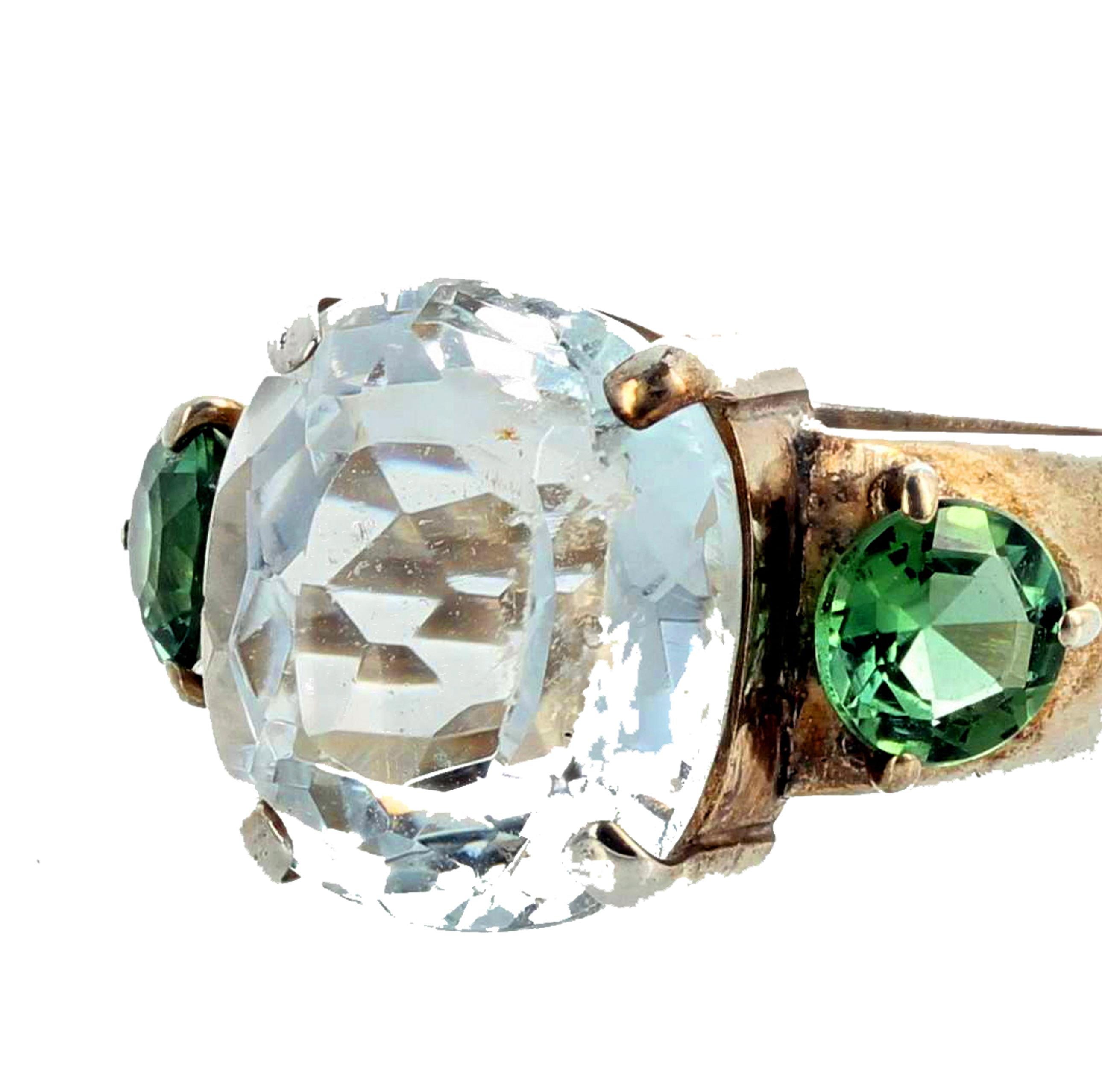 AJD HUGE 11.80 Ct Natural White Topaz & Green Tourmaline Bright Silver Ring For Sale 1