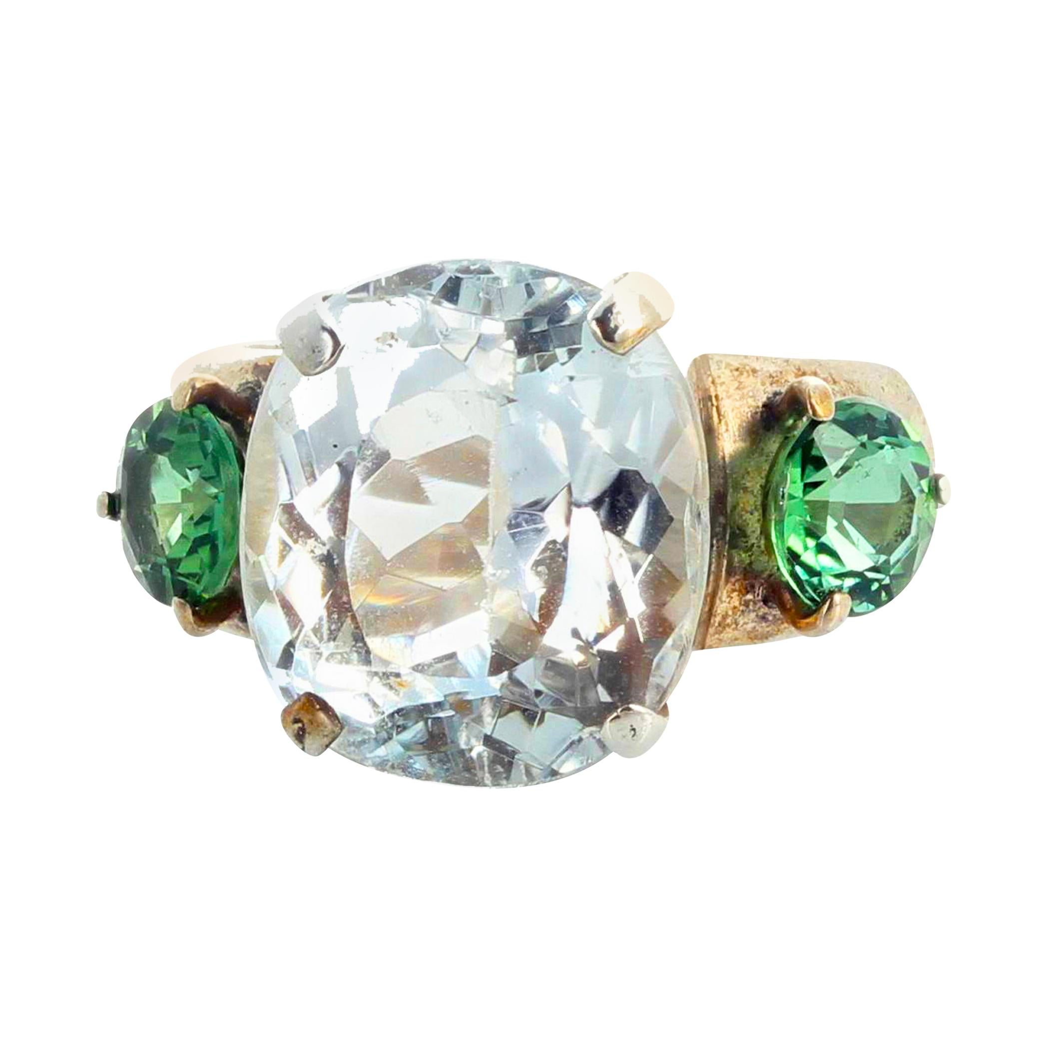 AJD HUGE 11.80 Ct Natural White Topaz & Green Tourmaline Bright Silver Ring