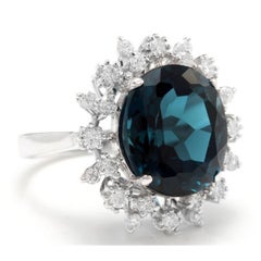 11.80 Carat Exquisite London Blue Topaz and Diamond 14K Solid White Gold Ring
