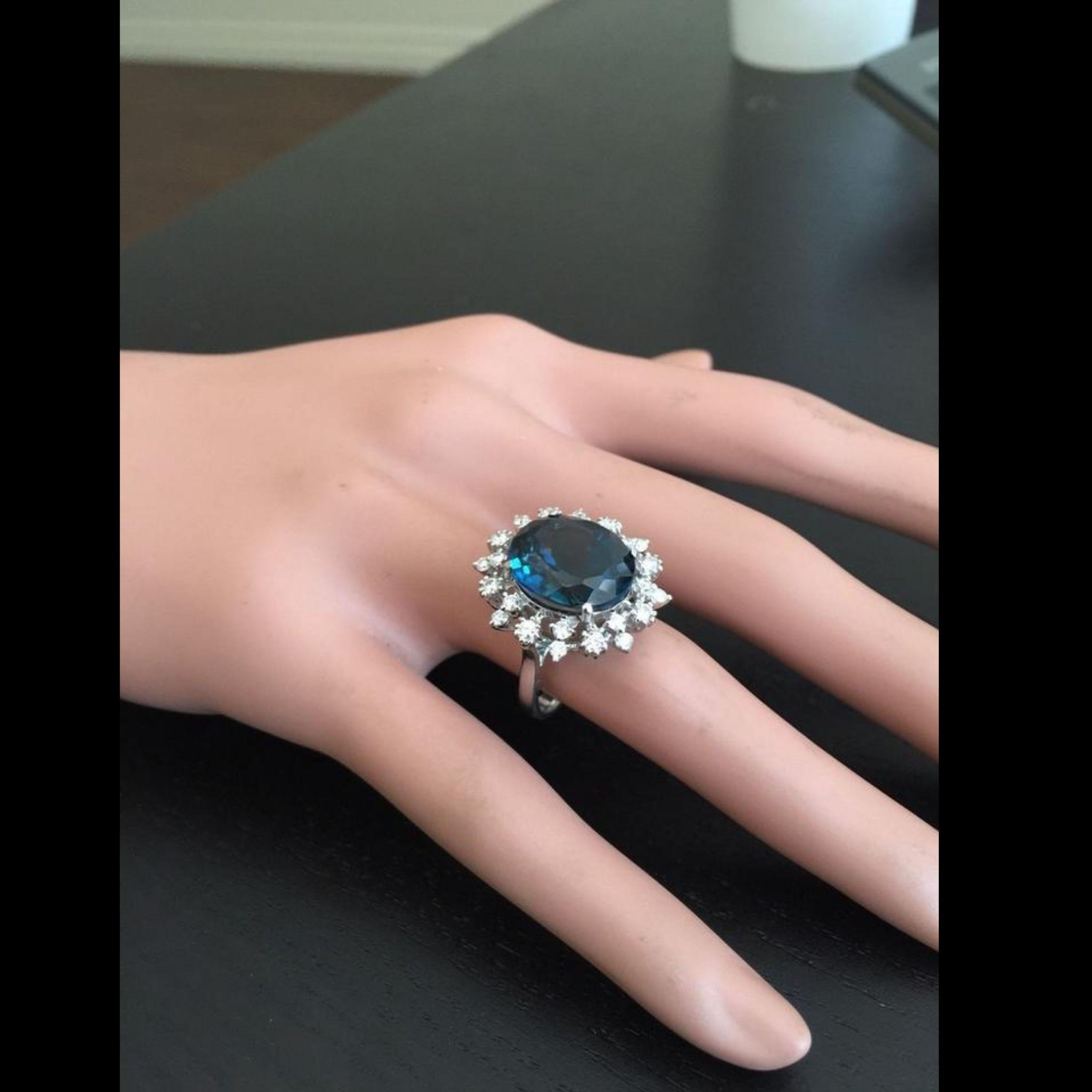 Mixed Cut 11.80 Carat Exquisite London Blue Topaz and Diamond 14K Solid White Gold Ring For Sale