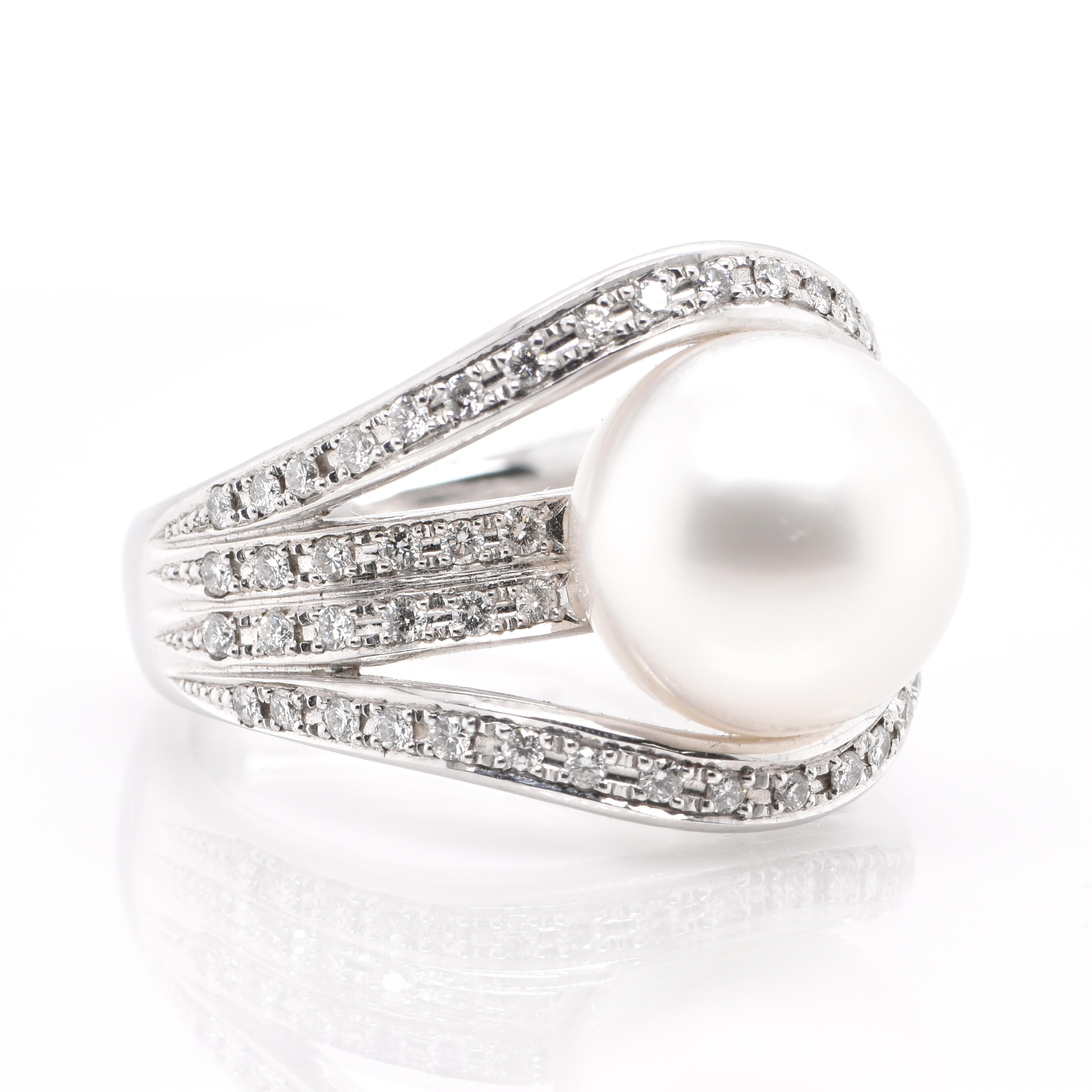 Modern 11.80 MM South Sea Pearl and Diamond Cocktail Ring Set in Platinum For Sale