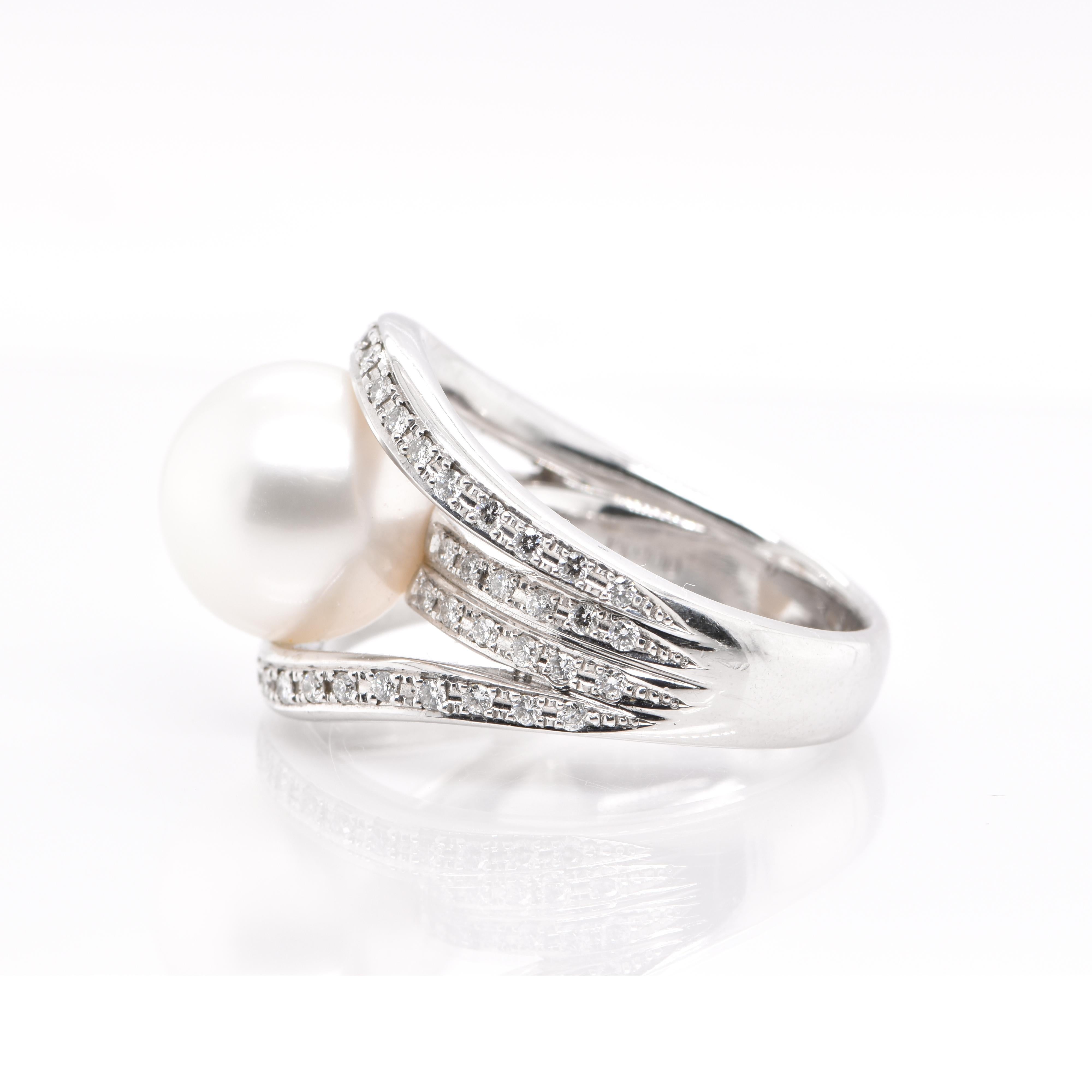 Ball Cut 11.80 MM South Sea Pearl and Diamond Cocktail Ring Set in Platinum For Sale