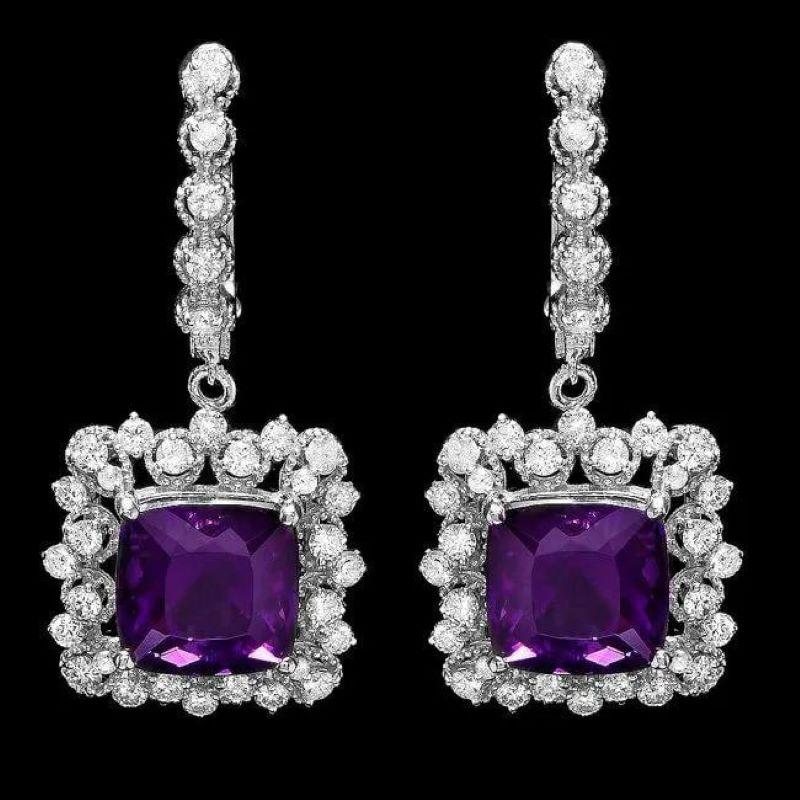 Mixed Cut 11.80ct Natural Amethyst and Diamond 14K Solid White Gold Earrings For Sale