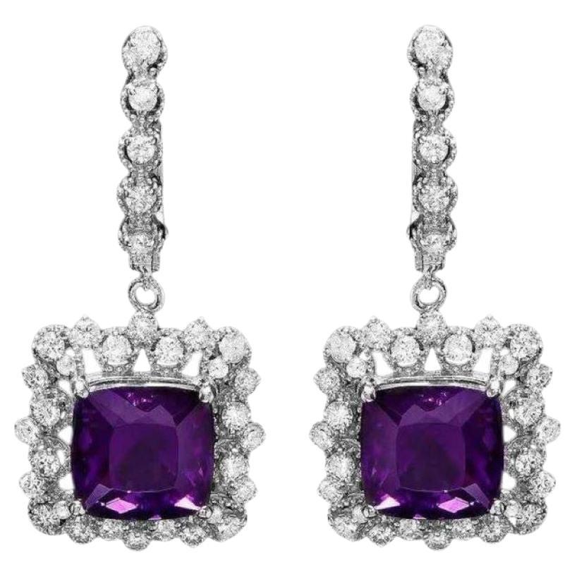 11.80ct Natural Amethyst and Diamond 14K Solid White Gold Earrings For Sale