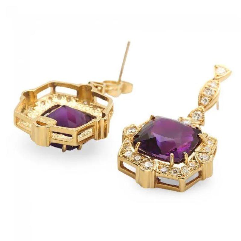 11.80ct Natural Amethyst and Diamond 14K Solid Yellow Gold Earrings

Total Natural Cushion Amethyst Weight: Approx. 9.90 Carats 

Amethyst Measures: Approx.  13 x 13 mm

Total Natural Round Cut White Diamonds Weight: Approx.  1.90 Carats (color G-H