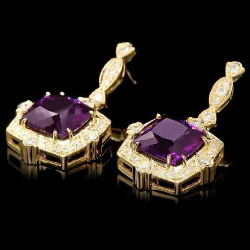 Mixed Cut 11.80ct Natural Amethyst and Diamond 14K Solid Yellow Gold Earrings For Sale