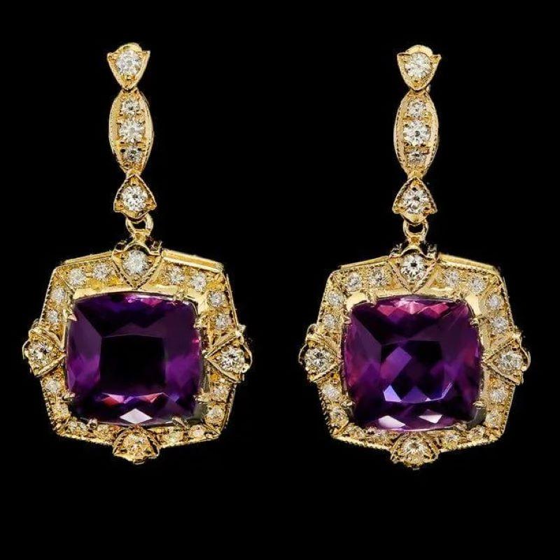 11.80ct Natural Amethyst and Diamond 14K Solid Yellow Gold Earrings In New Condition For Sale In Los Angeles, CA