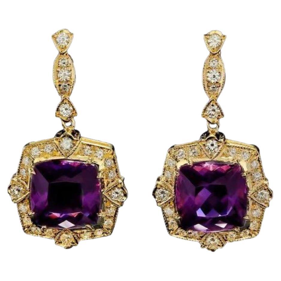 11.80ct Natural Amethyst and Diamond 14K Solid Yellow Gold Earrings For Sale