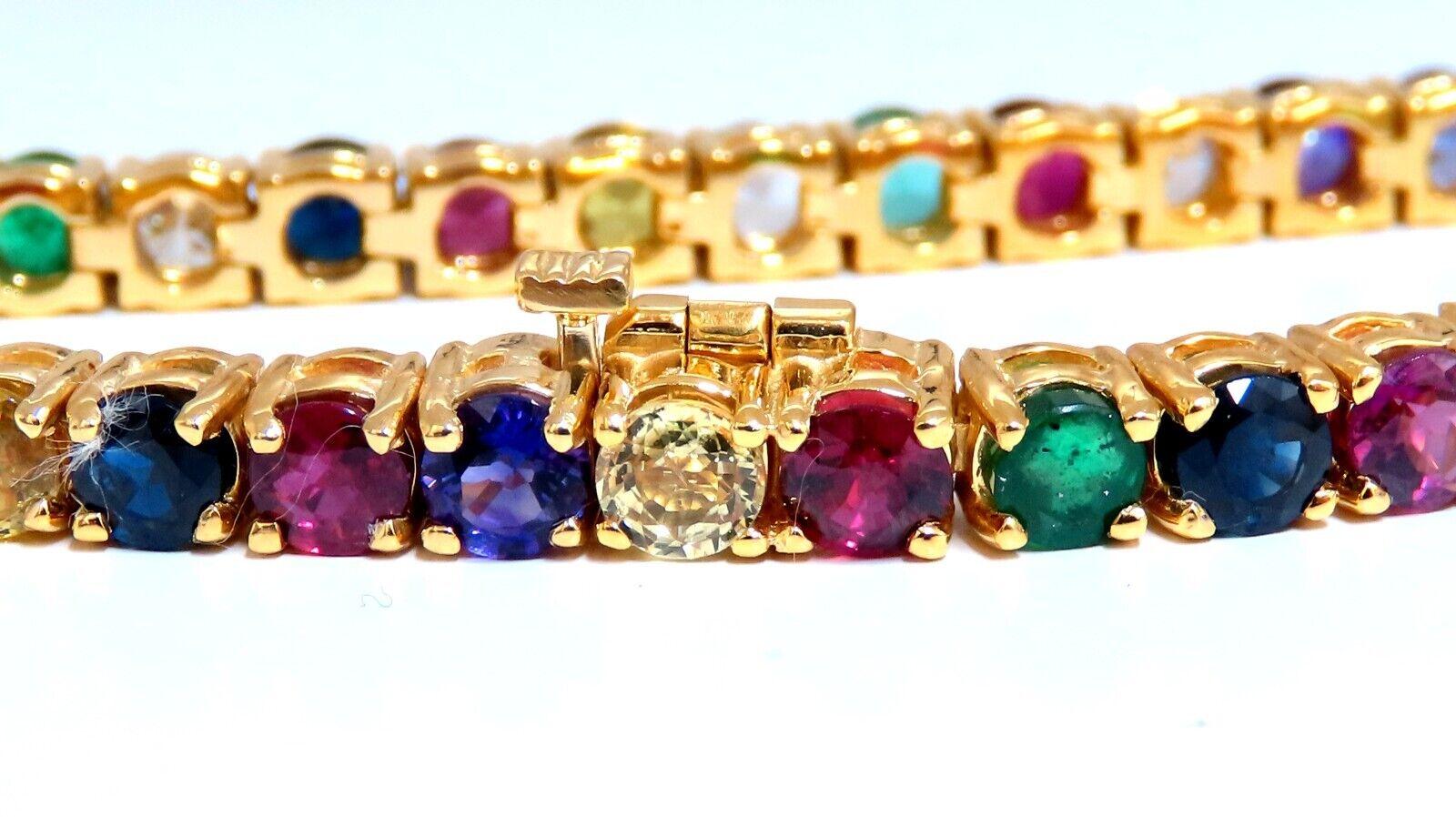 Natural Multi color Gem Line Bracelet

11.80ct Ruby, Amethyst, Emerald, multi-color Sapphires 

(Orange, Yellow, Blue, Pink)

Round cuts, Clean Clarity.

(5) 1.25ct Round Diamonds

H-I color Vs-2 Si-1 clarity

Secure pressure clasp and safety