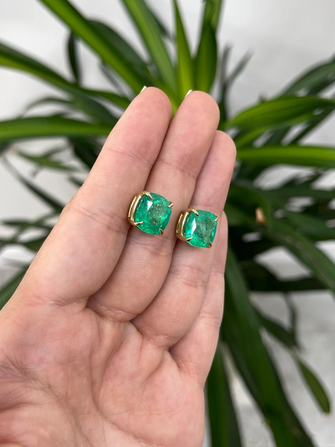 Modern 11.80tcw 18K Vivid Green Colombian Emerald-Cushion Cut Natural Emerald Earrings For Sale