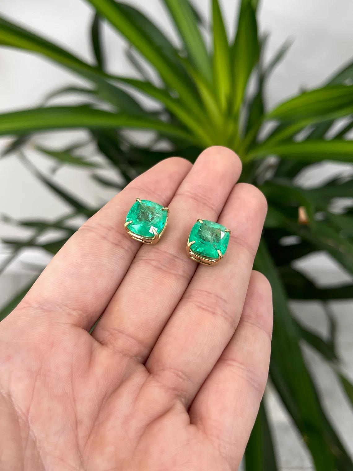 Women's 11.80tcw 18K Vivid Green Colombian Emerald-Cushion Cut Natural Emerald Earrings For Sale