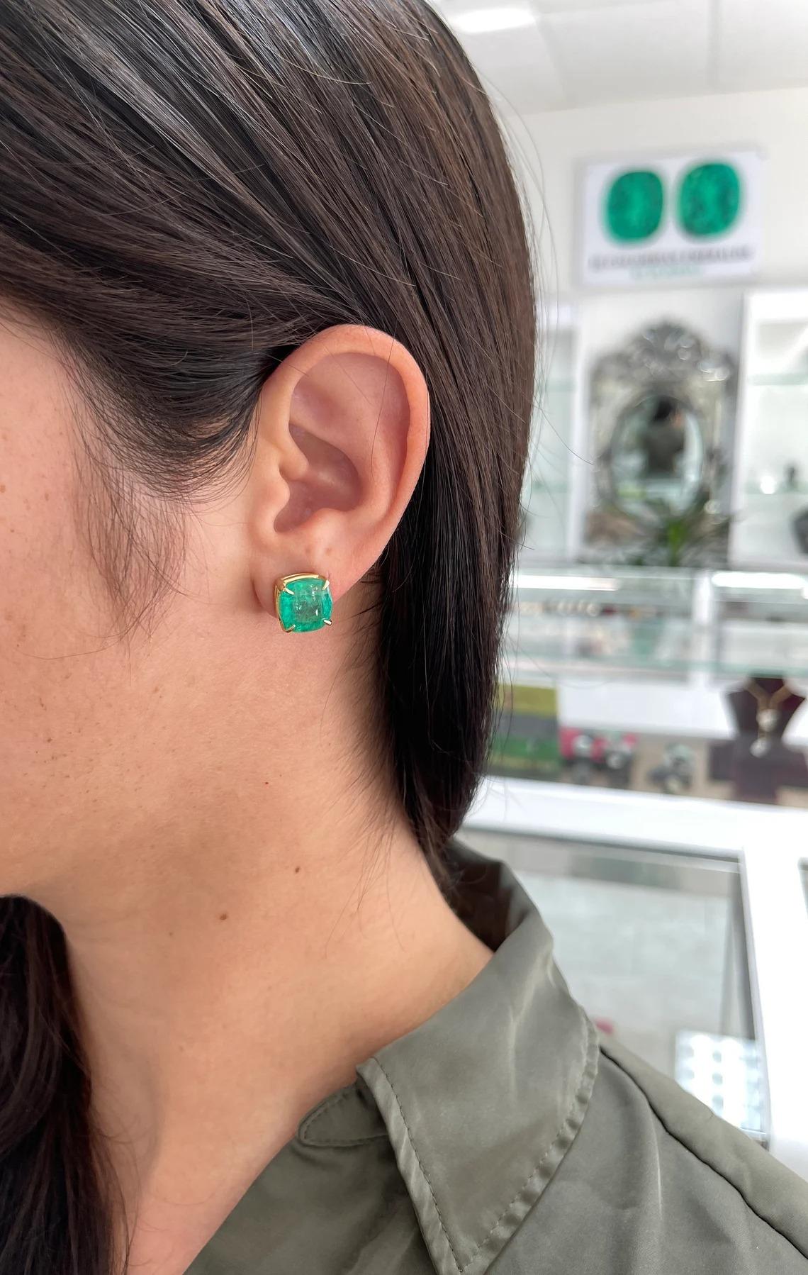 11.80tcw 18K Vivid Green Colombian Emerald-Cushion Cut Natural Emerald Earrings For Sale 1