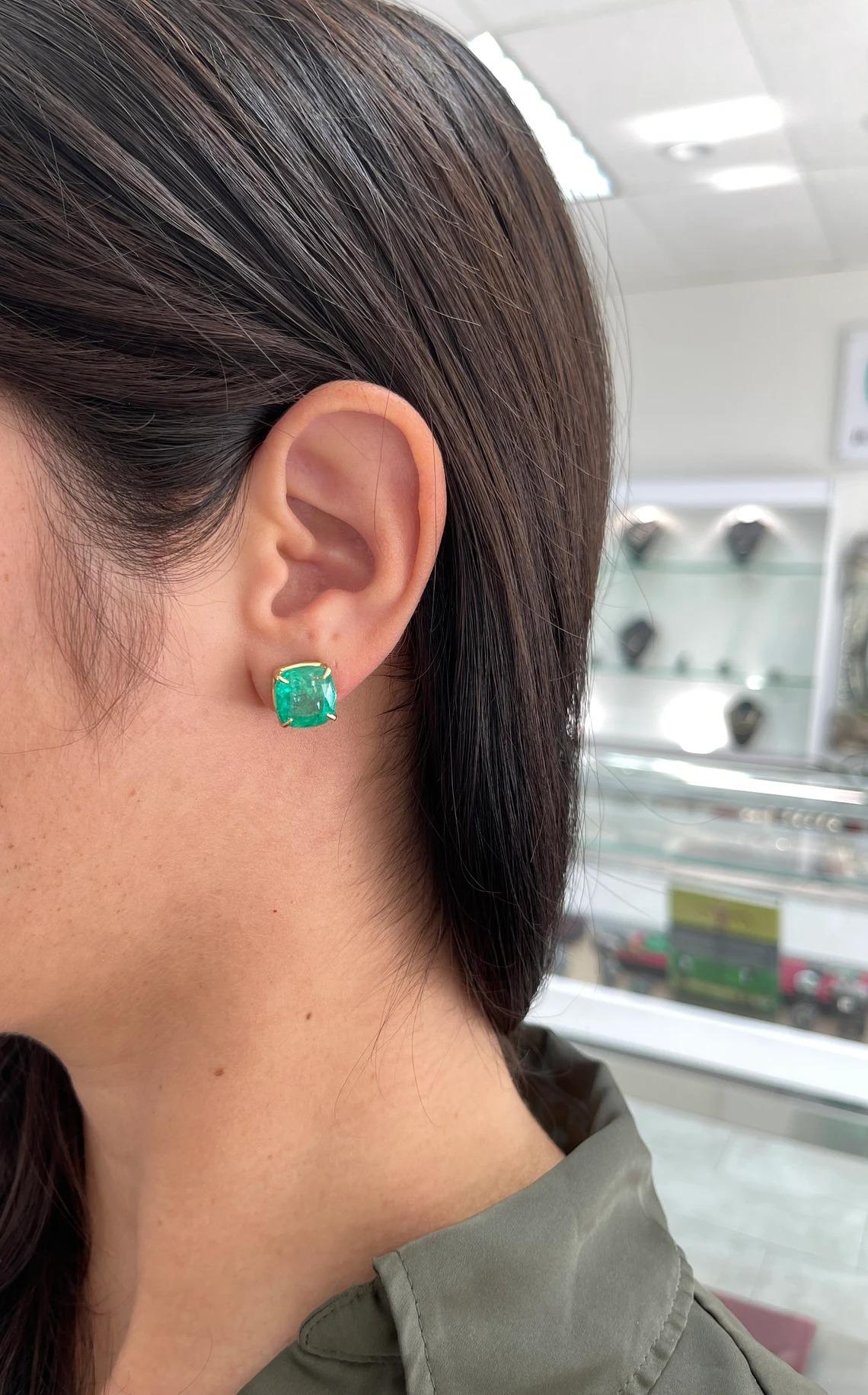 11.80tcw 18K Vivid Green Colombian Emerald-Cushion Cut Natural Emerald Earrings For Sale 2