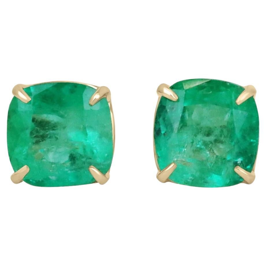 11.80tcw 18K Vivid Green Colombian Emerald-Cushion Cut Natural Emerald Earrings For Sale