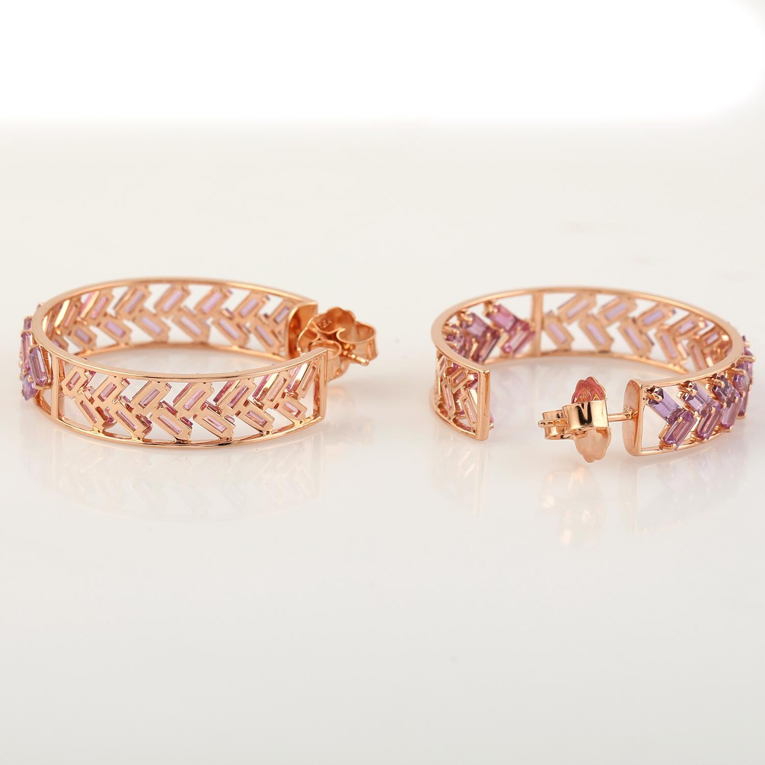 Contemporary 11.81 ct Baguette Shaped Pink Sapphire Hoop Earrings Made In 18K Rose Gold For Sale