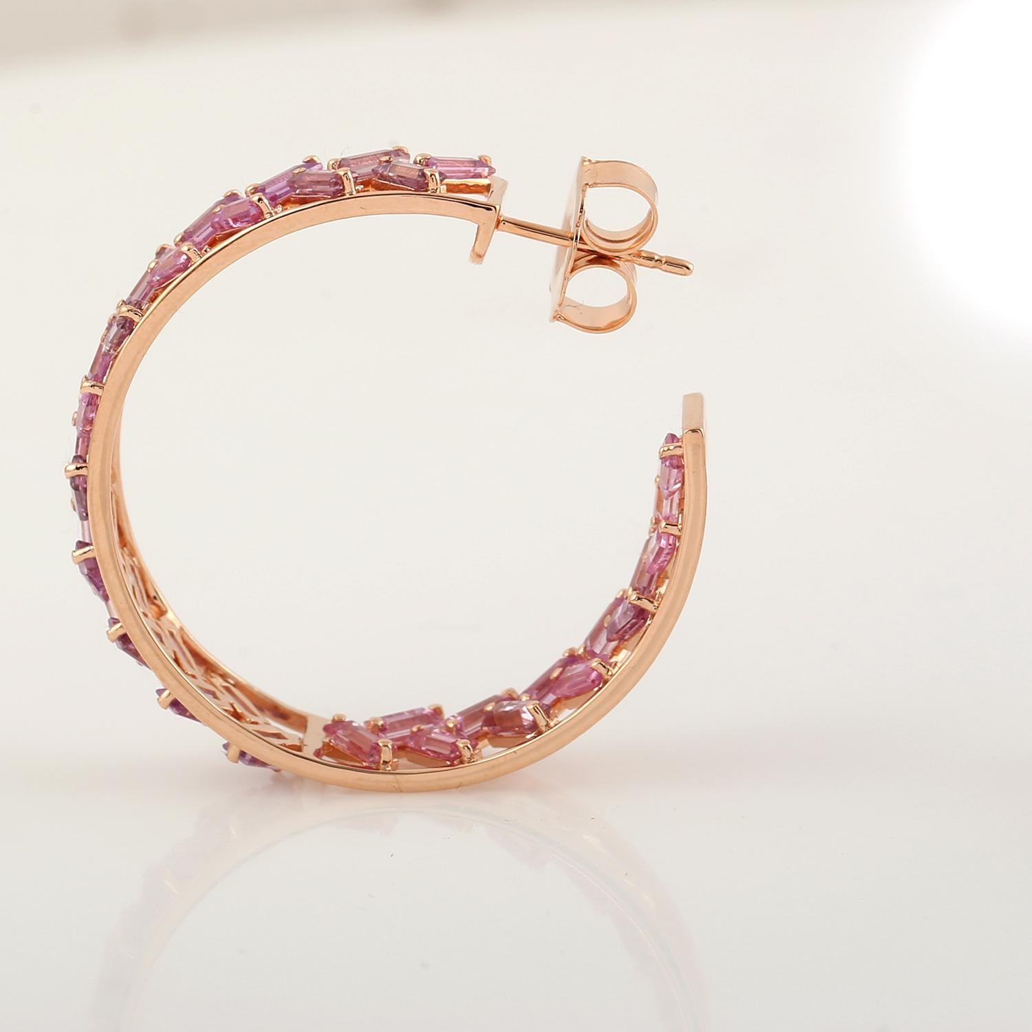 Mixed Cut 11.81 ct Baguette Shaped Pink Sapphire Hoop Earrings Made In 18K Rose Gold For Sale