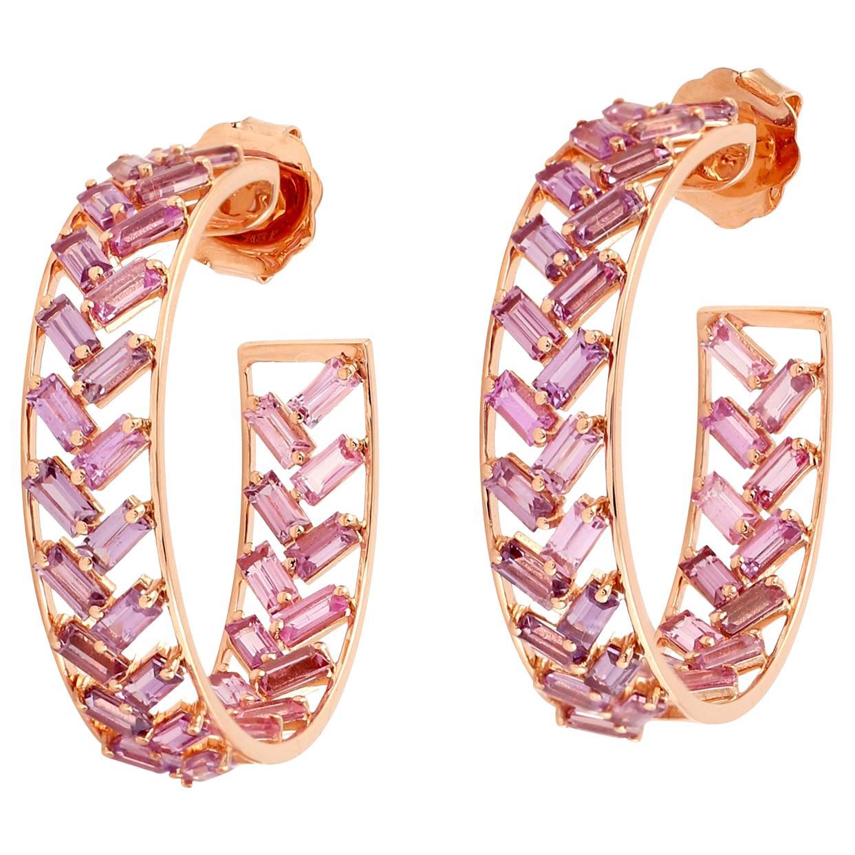 11.81 ct Baguette Shaped Pink Sapphire Hoop Earrings Made In 18K Rose Gold For Sale