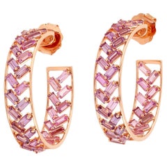 11.81 ct Baguette Shaped Pink Sapphire Hoop Earrings Made In 18K Rose Gold