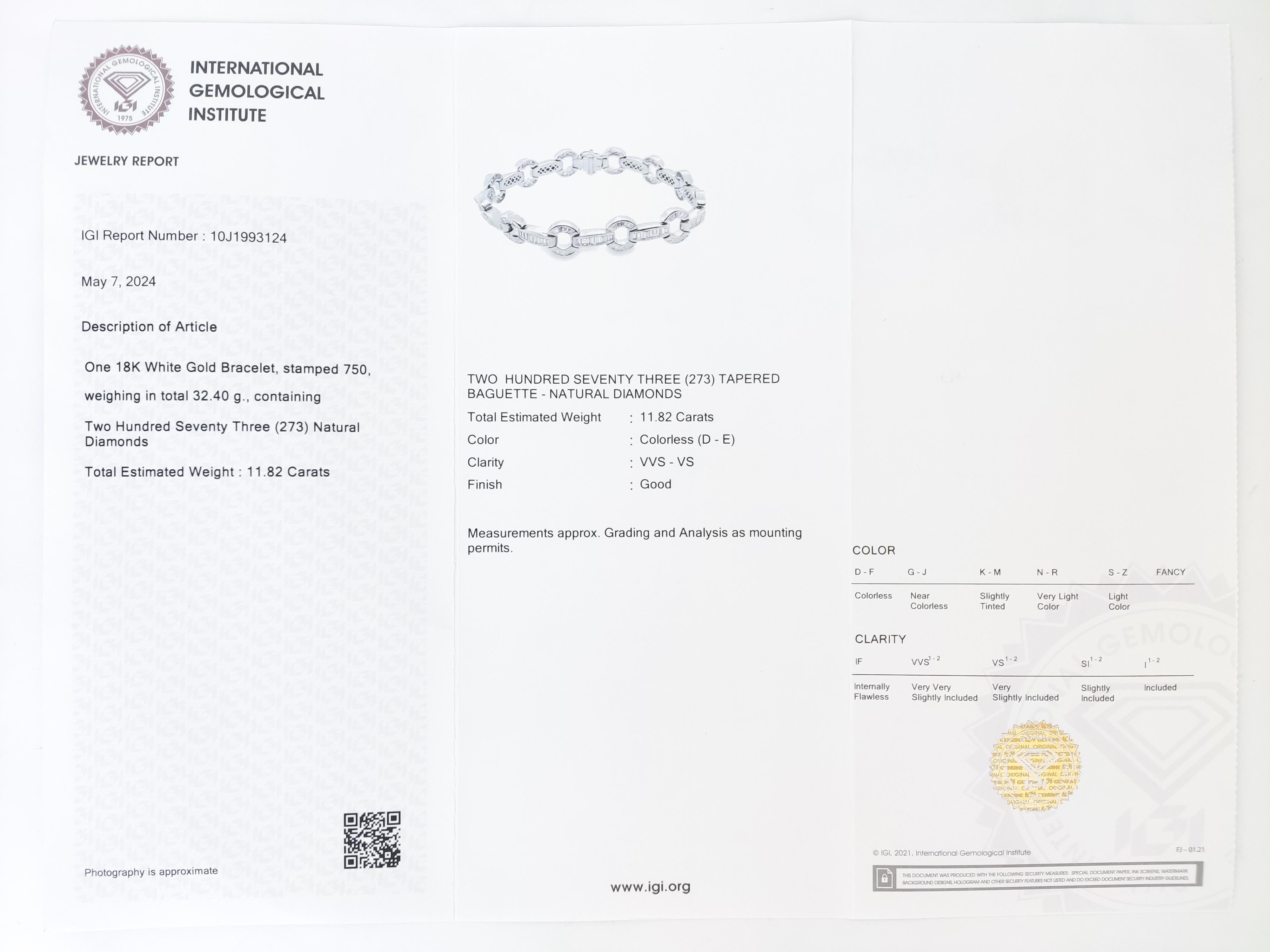 11.82 Carat Natural Round Diamond Bracelet IGI Certified D/VVS Clarity 18K Gold For Sale 4