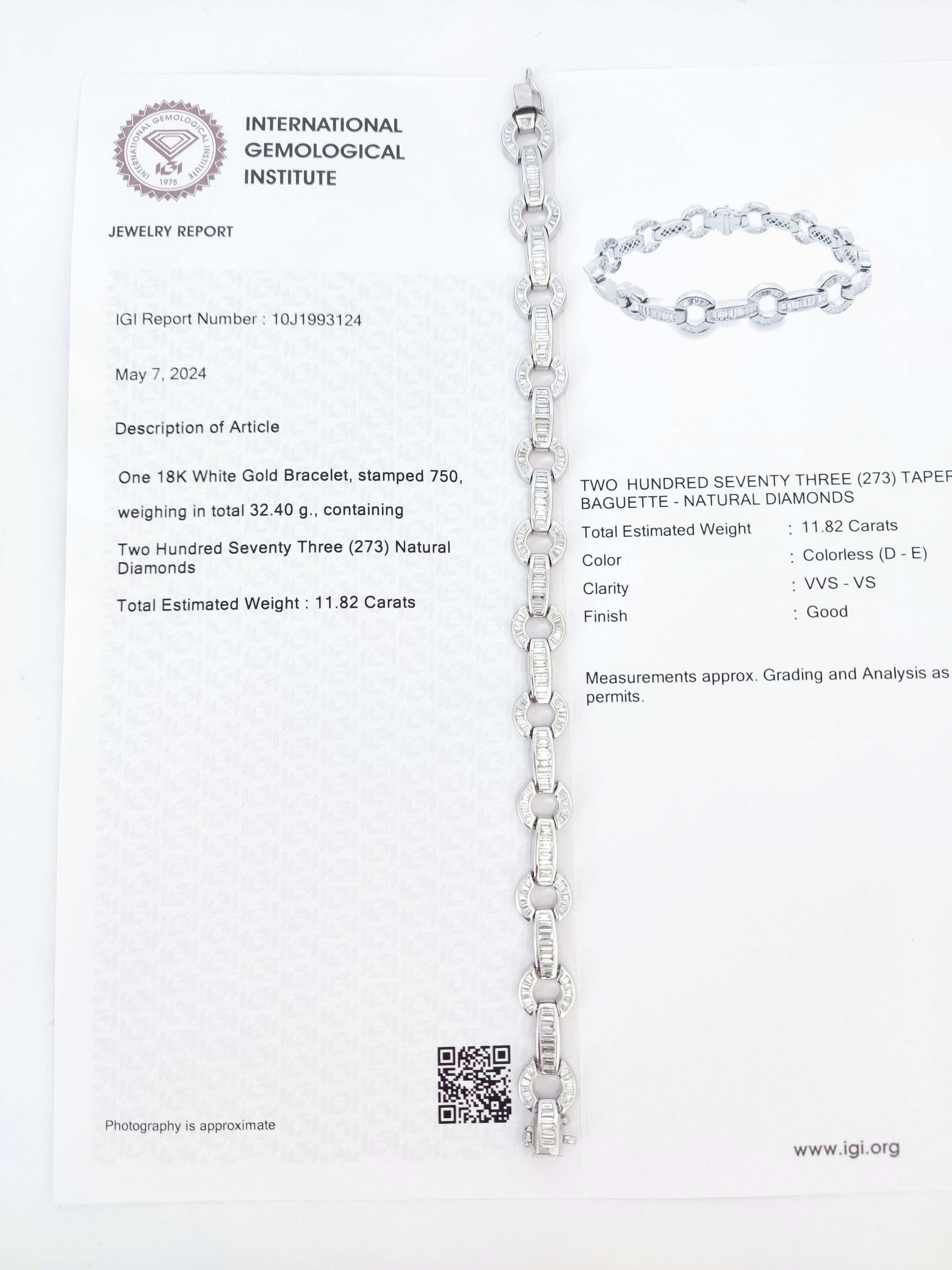 11.82 Carat Natural Round Diamond Bracelet IGI Certified D/VVS Clarity 18K Gold For Sale 3