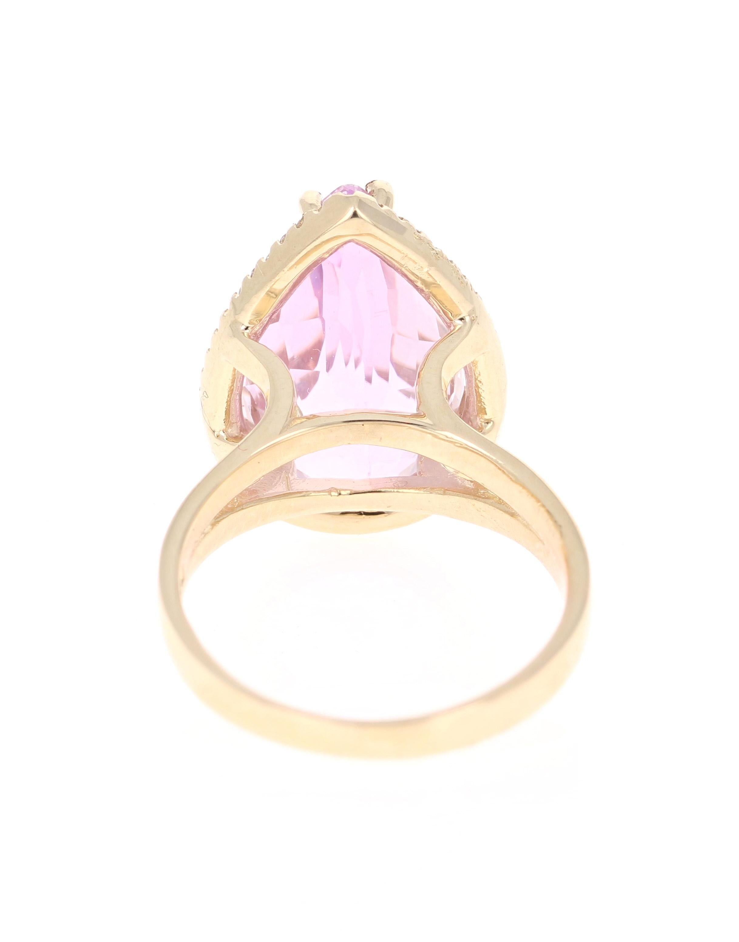 Pear Cut 11.83 Carat Kunzite Diamond Yellow Gold Bridal Ring