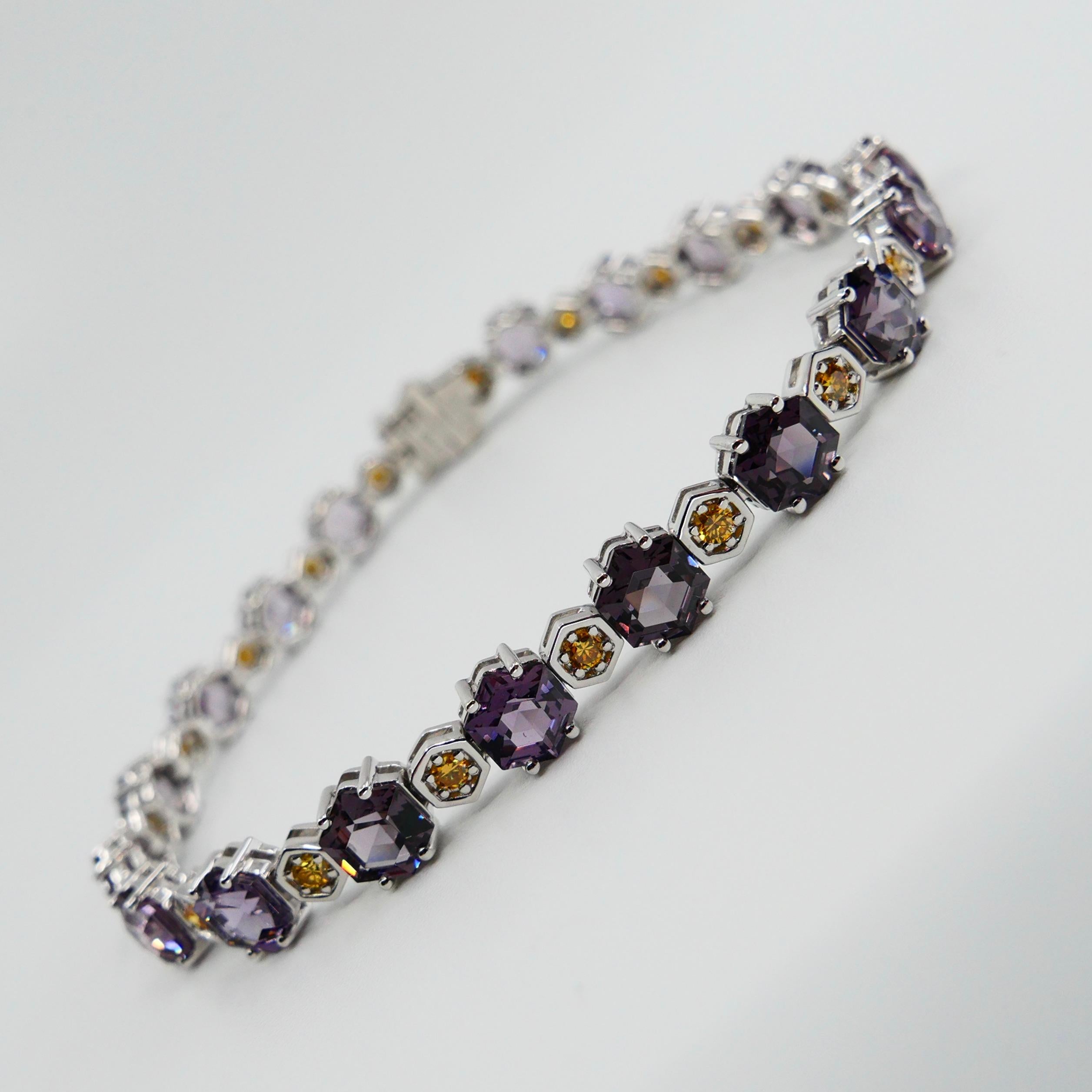 5mm Hexagonal Step Cut Spinels & Fancy Vivid Yellow Diamond tennis Bracelet. For Sale 1