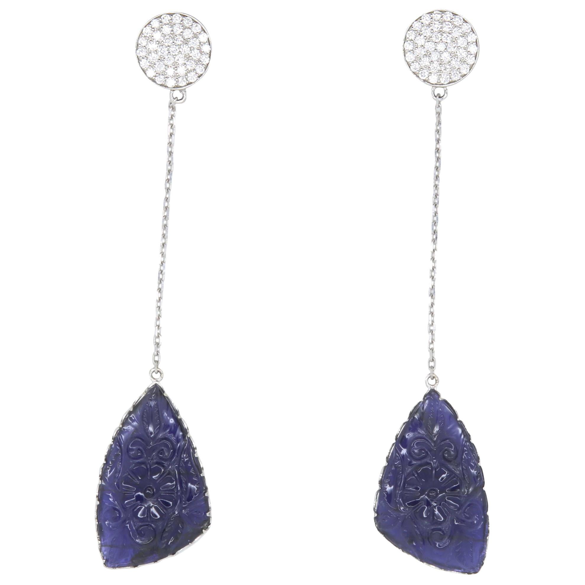 11.84 Carat Carved Iolite and White Diamond Dangle Drop Earrings