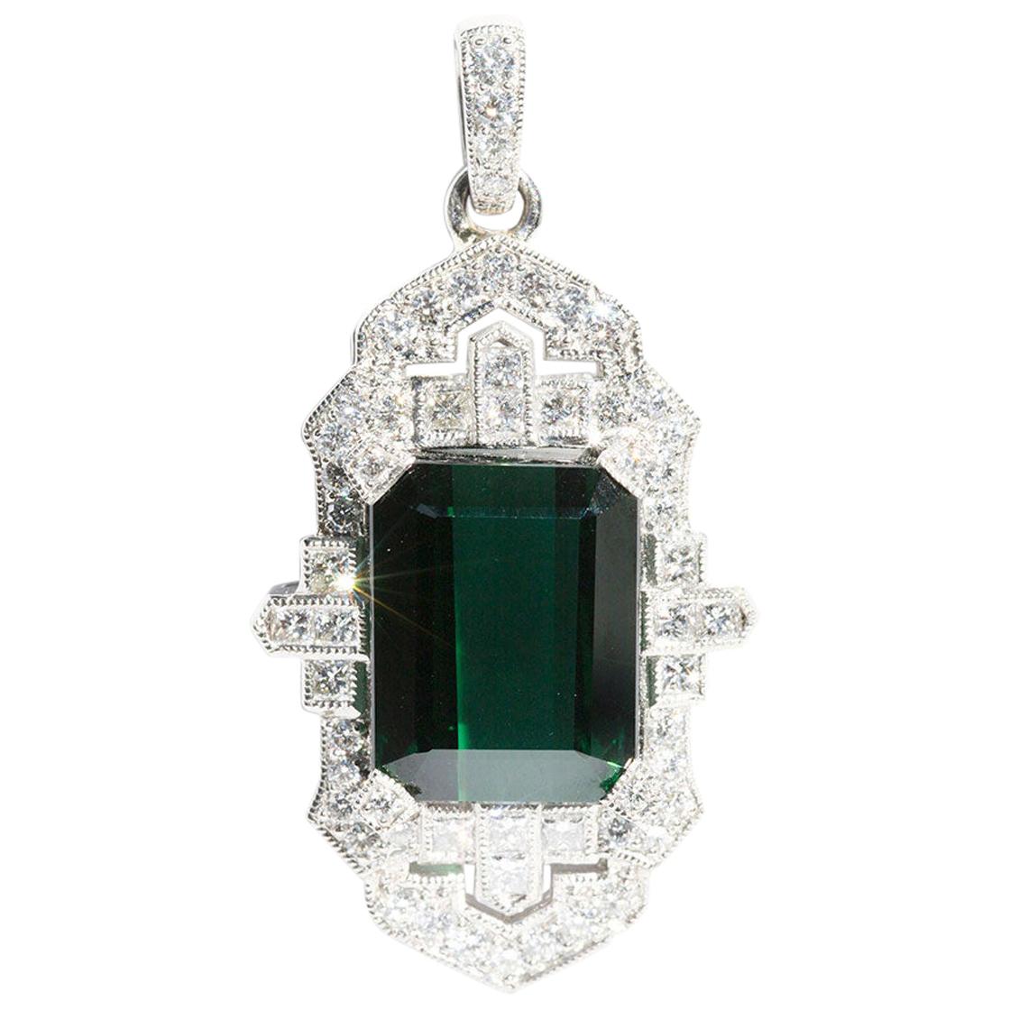 11.84 Carat Green Emerald Cut Tourmaline and 1.40 Carat Diamond Platinum Pendant
