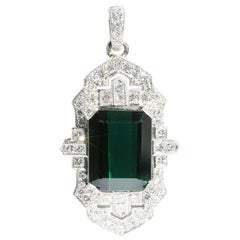 11.84 Carat Green Emerald Cut Tourmaline and 1.40 Carat Diamond Platinum Pendant