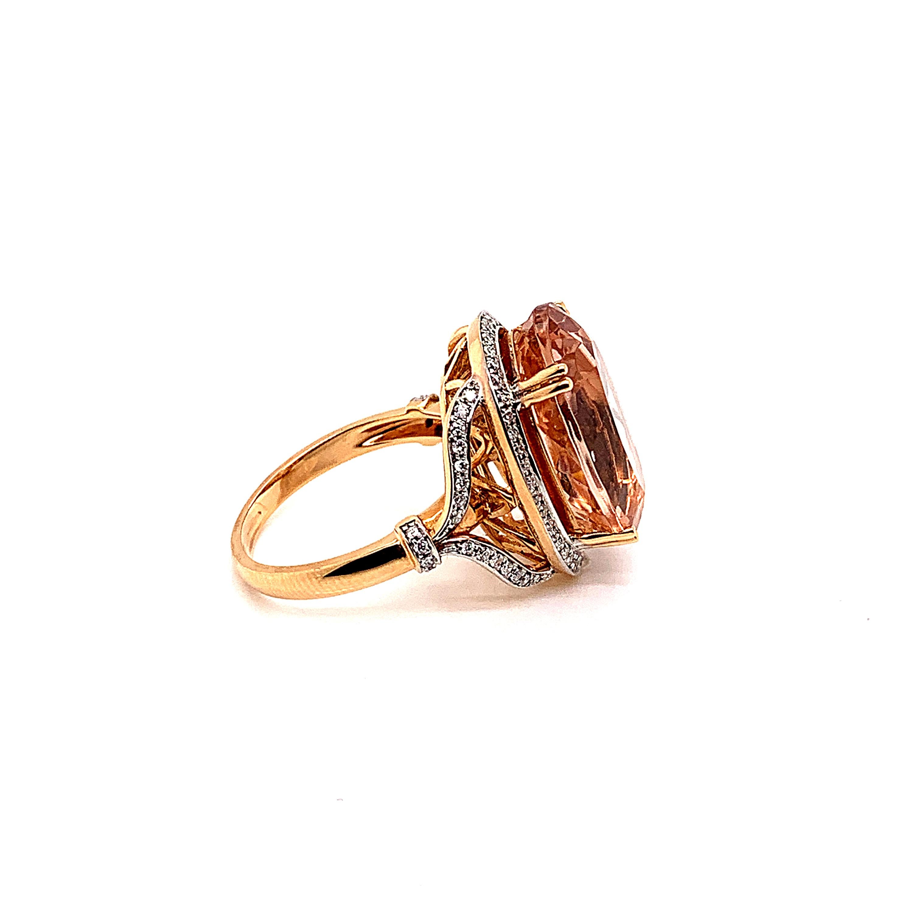 Contemporary 11.84 Carat Oval Shaped Morganite Ring in 18 Karat Rose Gold with Diamonds For Sale