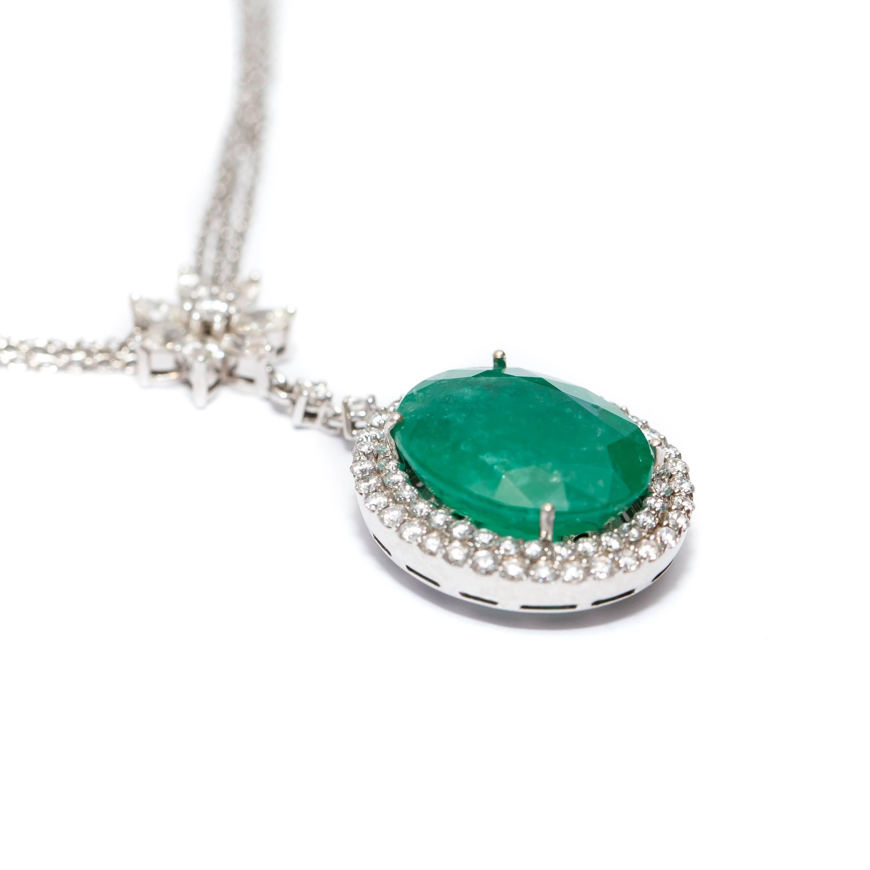 Modern 11.84 CT Emerald 2.08 CT Marquise Round Diamond 18 K White Gold Pendant Necklace