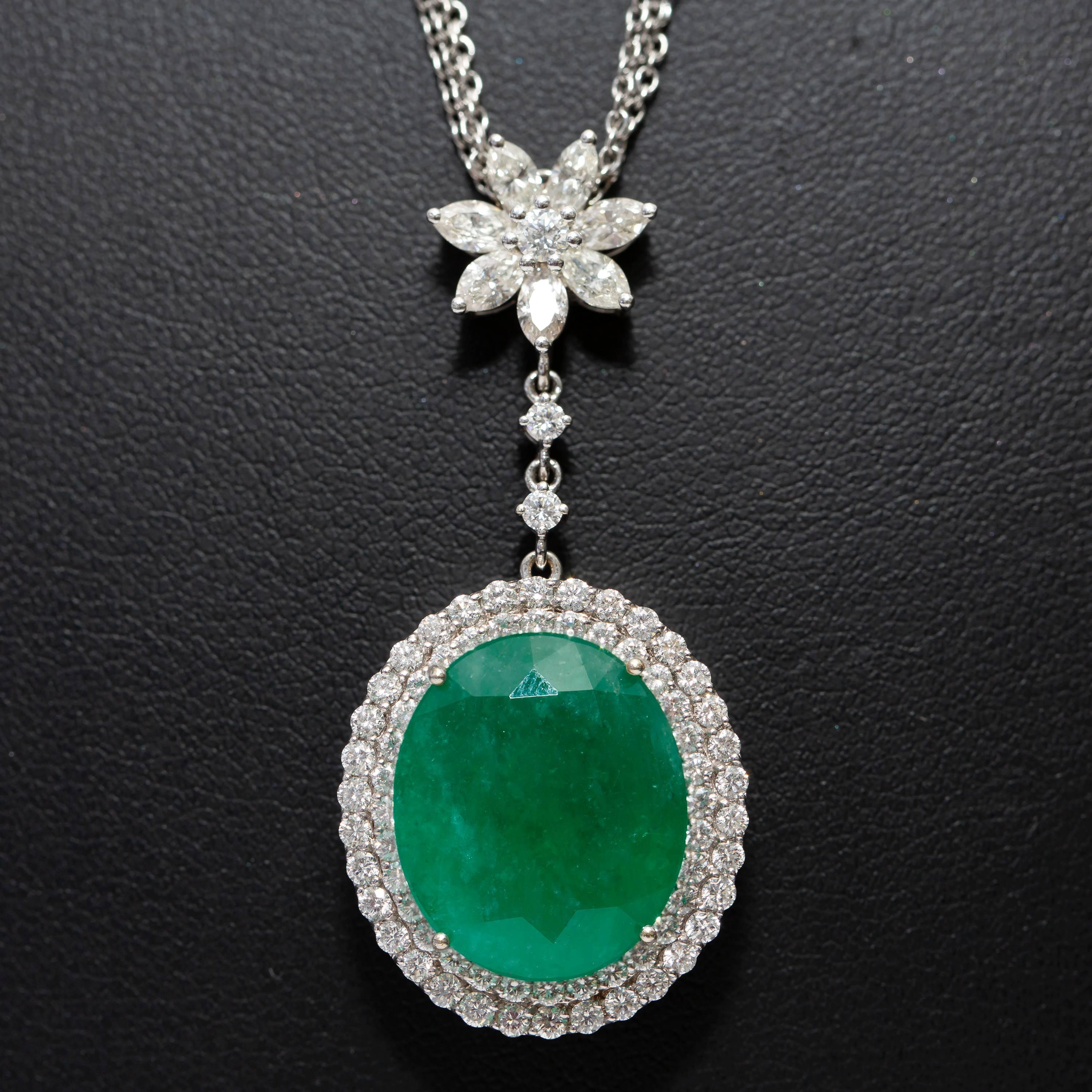 Women's 11.84 CT Emerald 2.08 CT Marquise Round Diamond 18 K White Gold Pendant Necklace