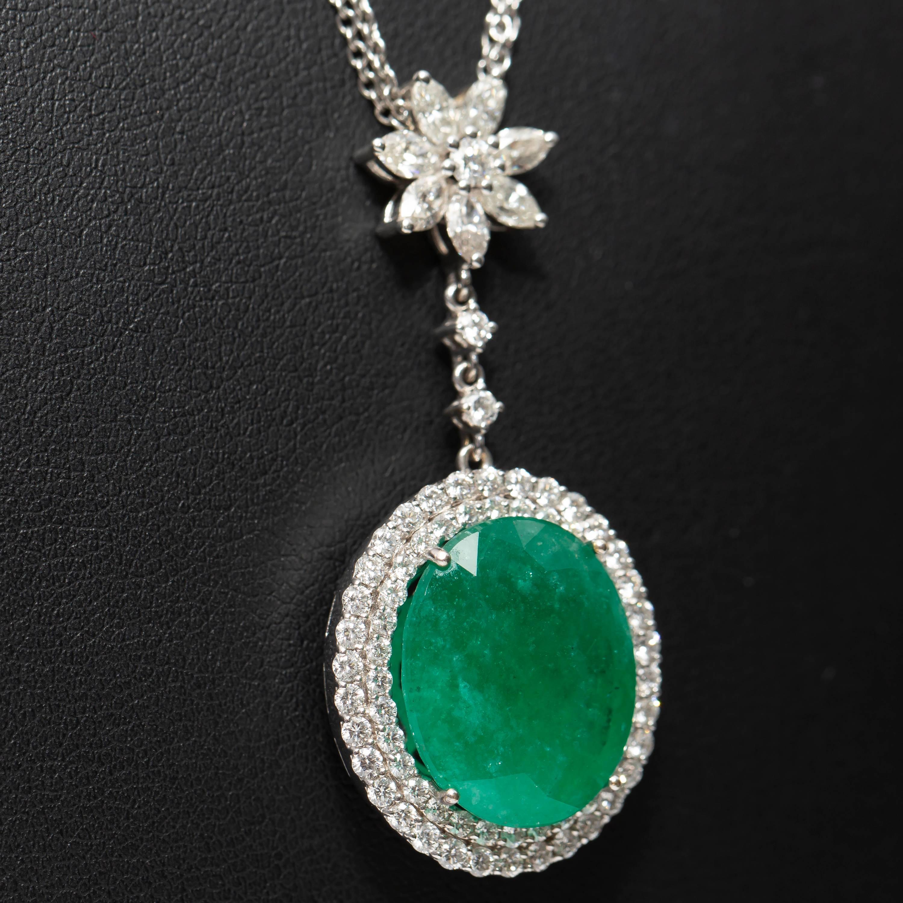 11.84 CT Emerald 2.08 CT Marquise Round Diamond 18 K White Gold Pendant Necklace 1