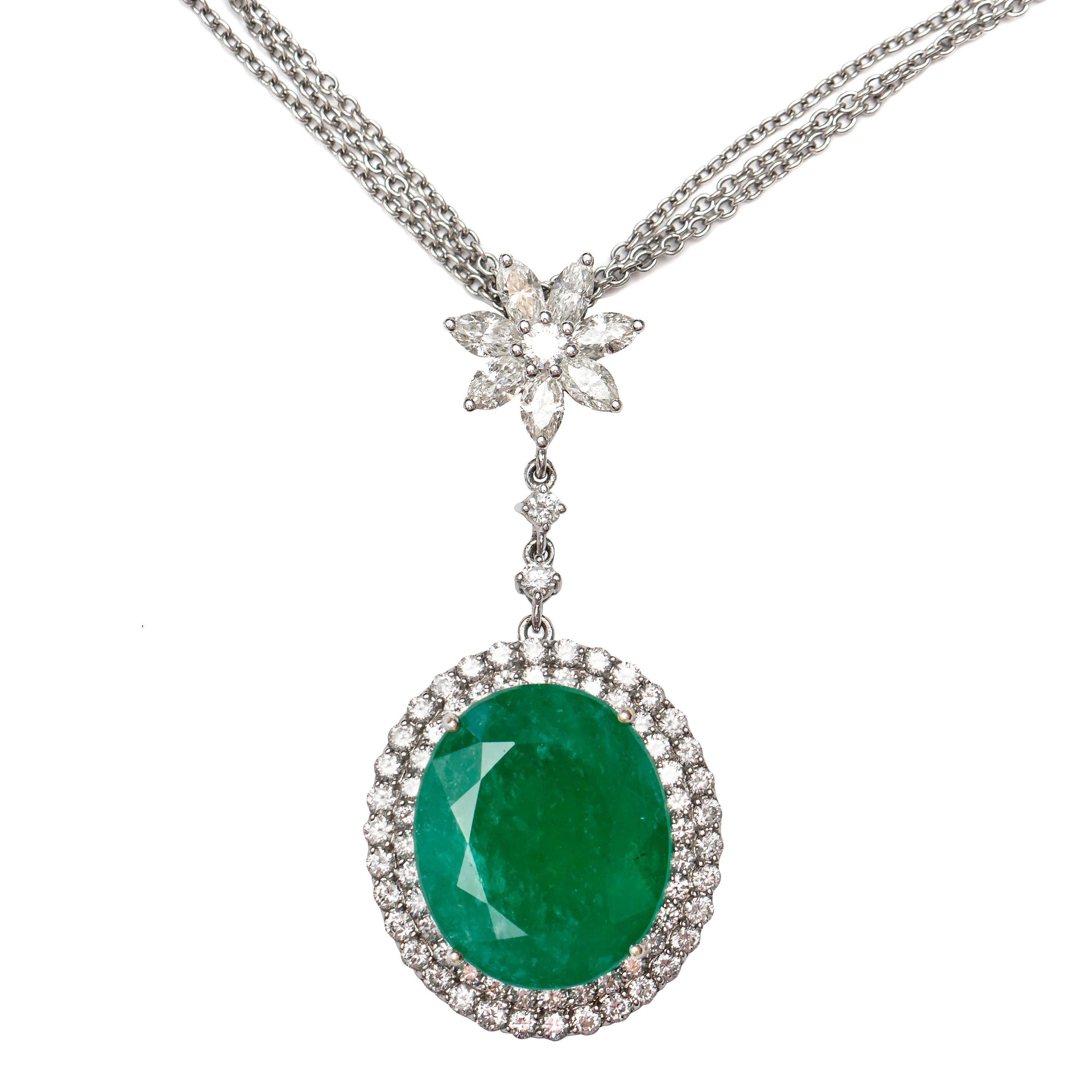 11.84 CT Emerald 2.08 CT Marquise Round Diamond 18 K White Gold Pendant Necklace