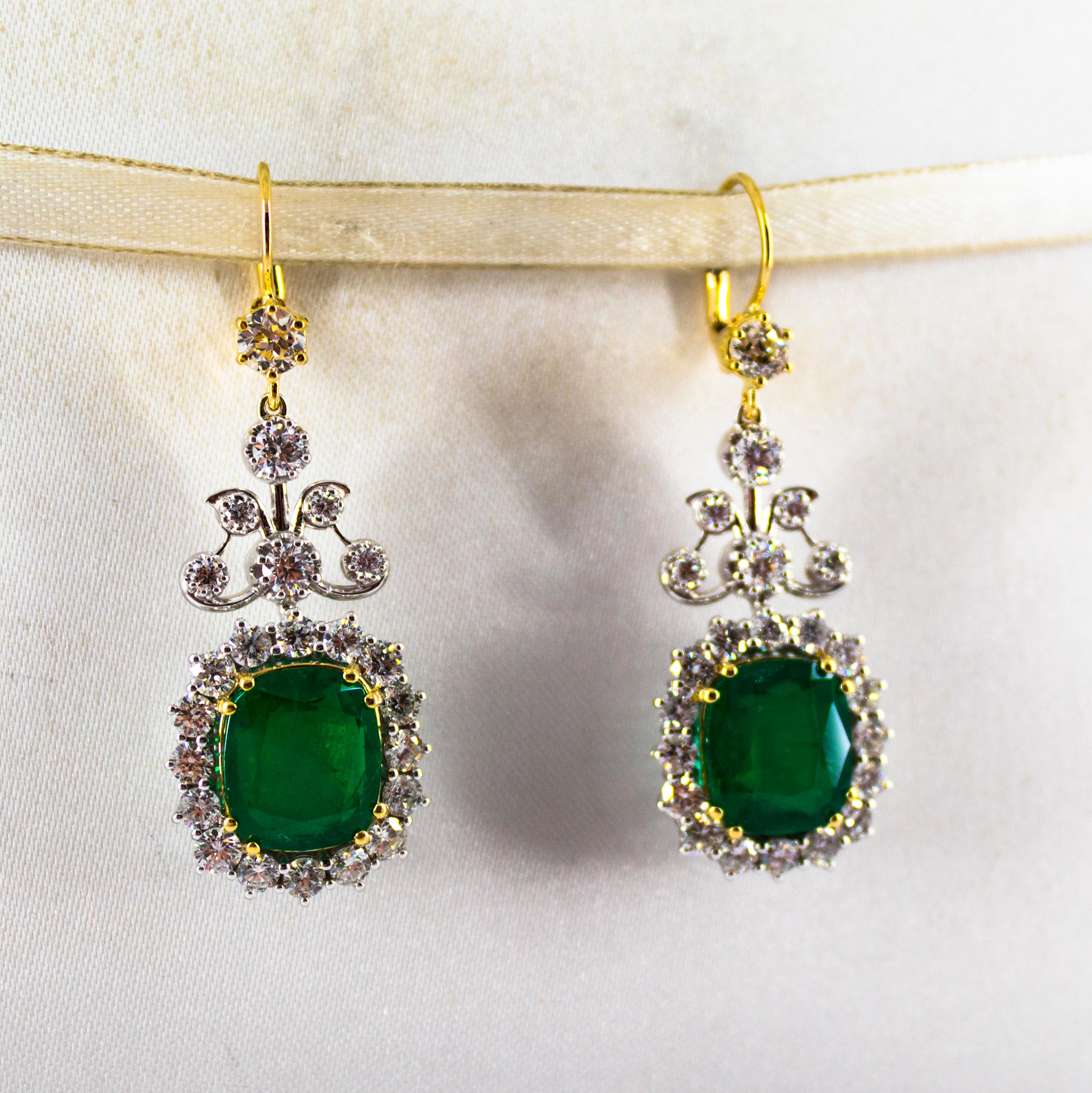 11.85 Carat Emerald 4.47 Carat White Diamond White Gold Drop Lever-Back Earrings 1