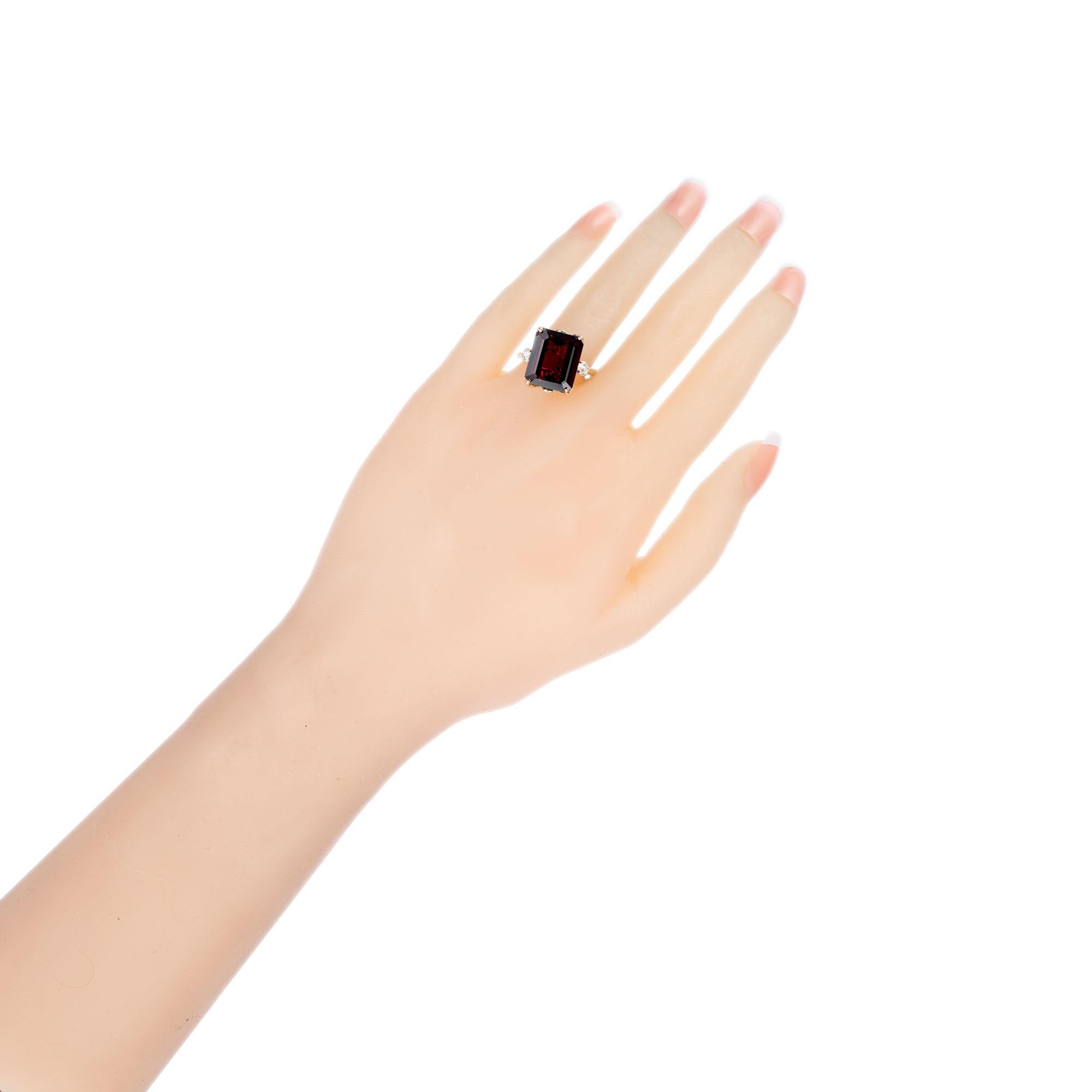 Women's 11.85 Carat Emerald Cut Garnet Diamond Yellow Gold Three-Stone Ring