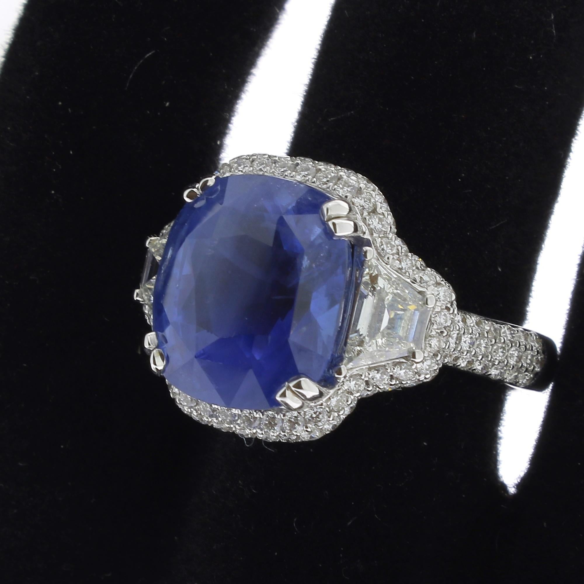Cushion Cut 11.85 Carat Intense Blue No Heated Sapphire Ring Certified Ceylon Sapphire