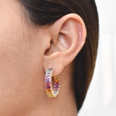 11.85 Carat Multicolor Rainbow Gemstones Octagon Gold Hoop Earrings