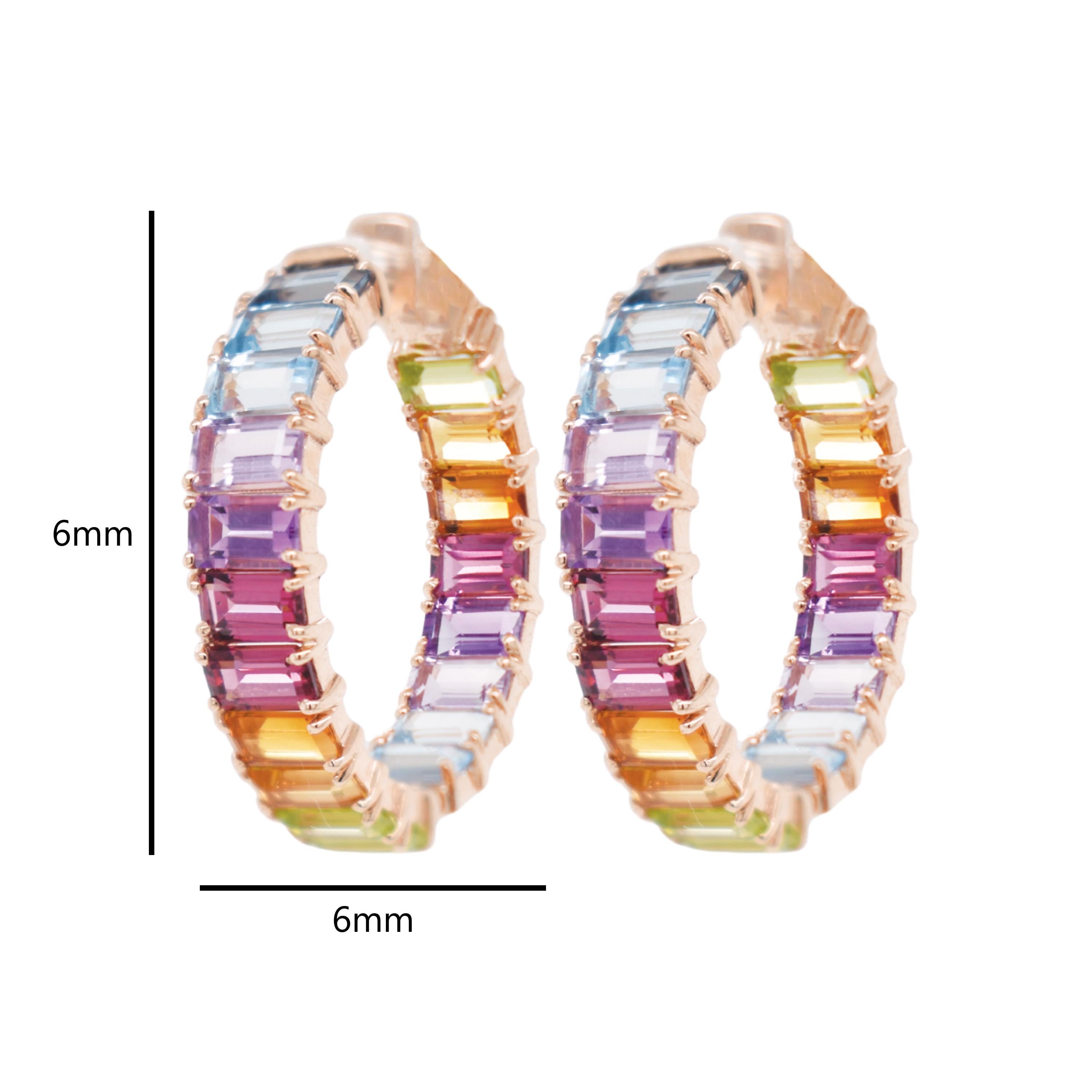 11.85 Karat Multicolor Regenbogen Edelsteine Achteck Gold Hoop Ohrringe (Zeitgenössisch) im Angebot