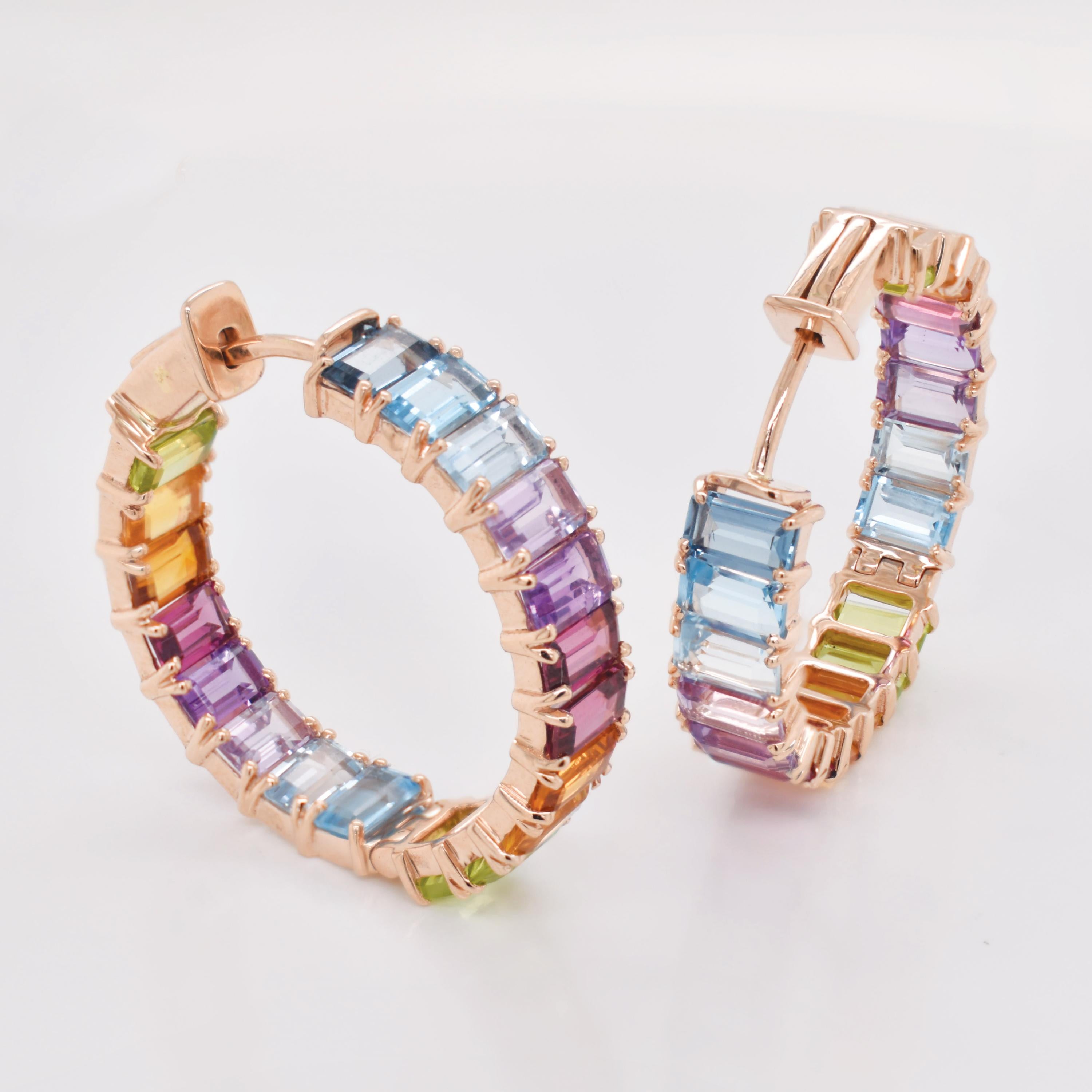 11.85 Karat Multicolor Regenbogen Edelsteine Achteck Gold Hoop Ohrringe Damen im Angebot