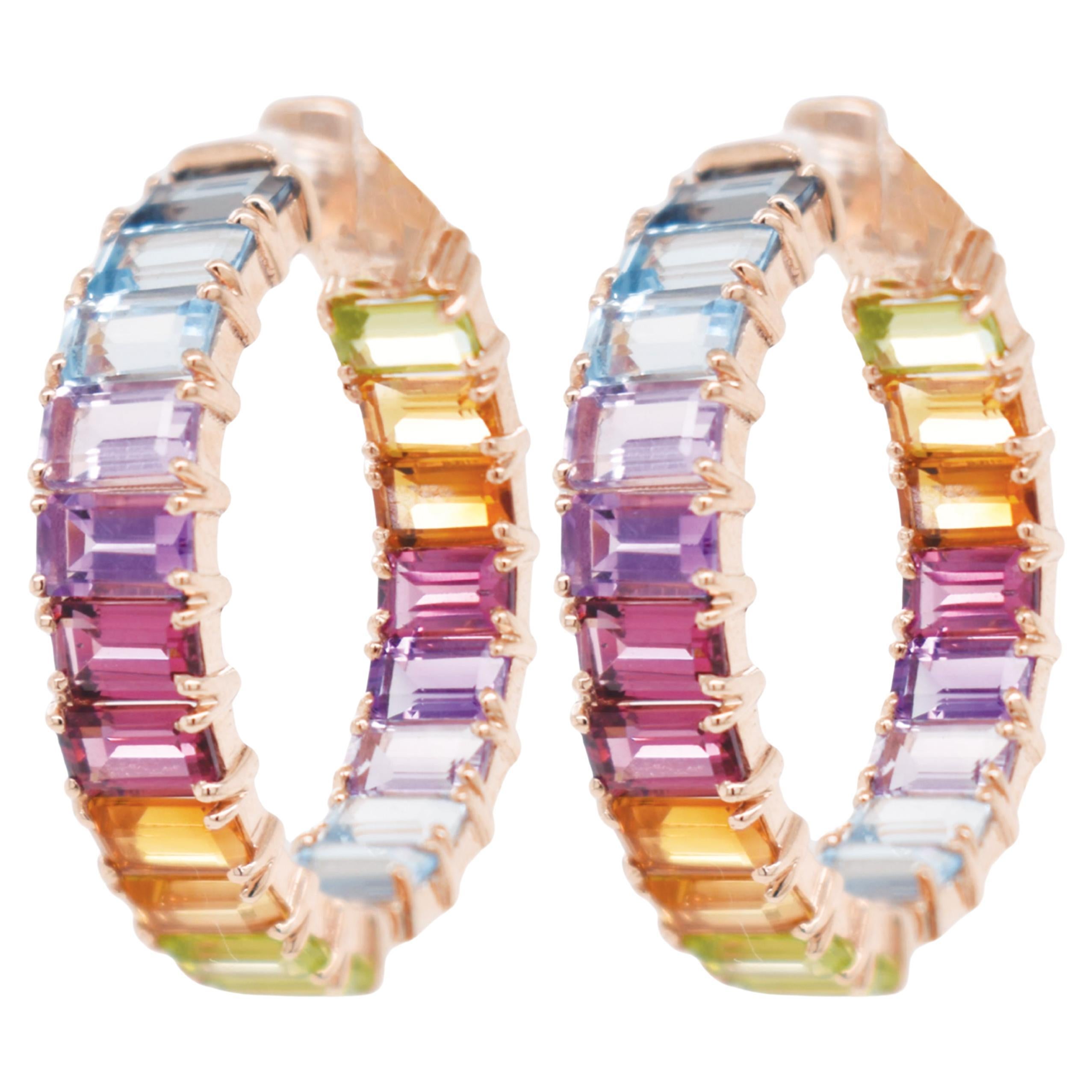 11.85 Karat Multicolor Regenbogen Edelsteine Achteck Gold Hoop Ohrringe im Angebot