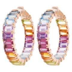 11.85 Carat Multicolor Rainbow Gemstones Octagon Gold Hoop Earrings
