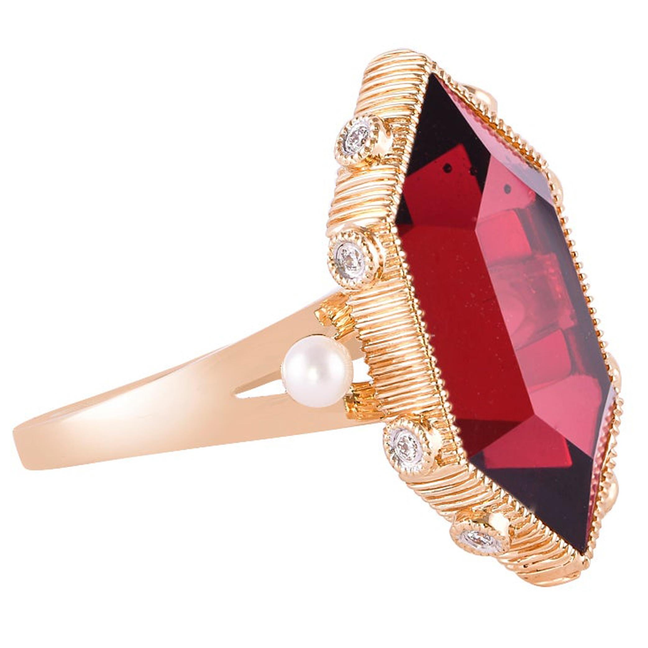 11.85 Carat Red Garnet Ring in 18 Karat Rose Gold with Diamonds and Pearls For Sale