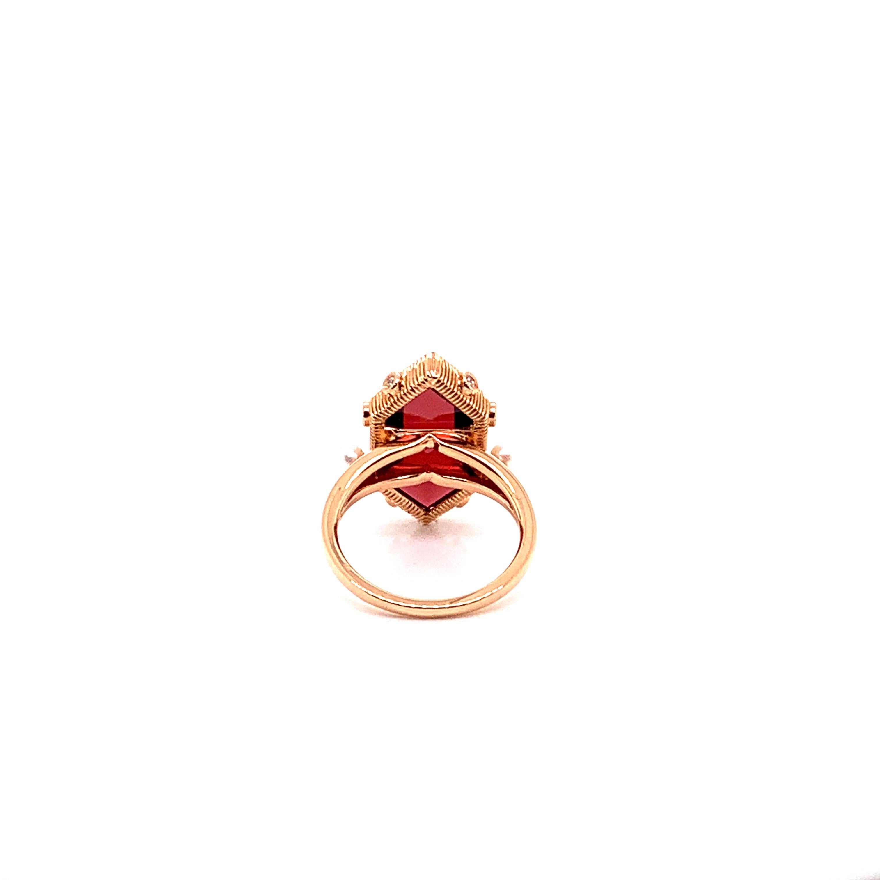 Hexagon Cut 11.85 Carat Red Garnet Ring in 18 Karat Rose Gold with Diamonds and Pearls For Sale