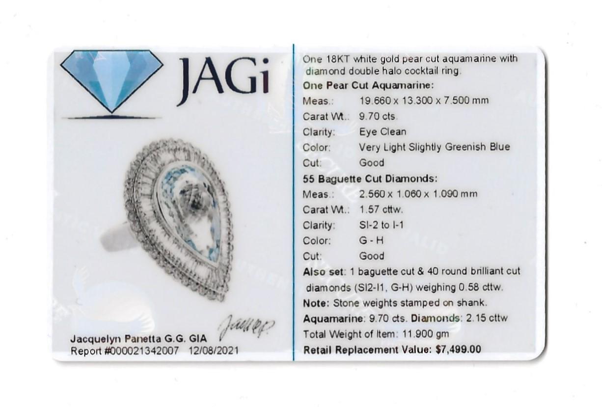 11.85 Carats Total Pear Cut Aquamarine and Diamond Cocktail Ring 18 Karat Gold For Sale 10