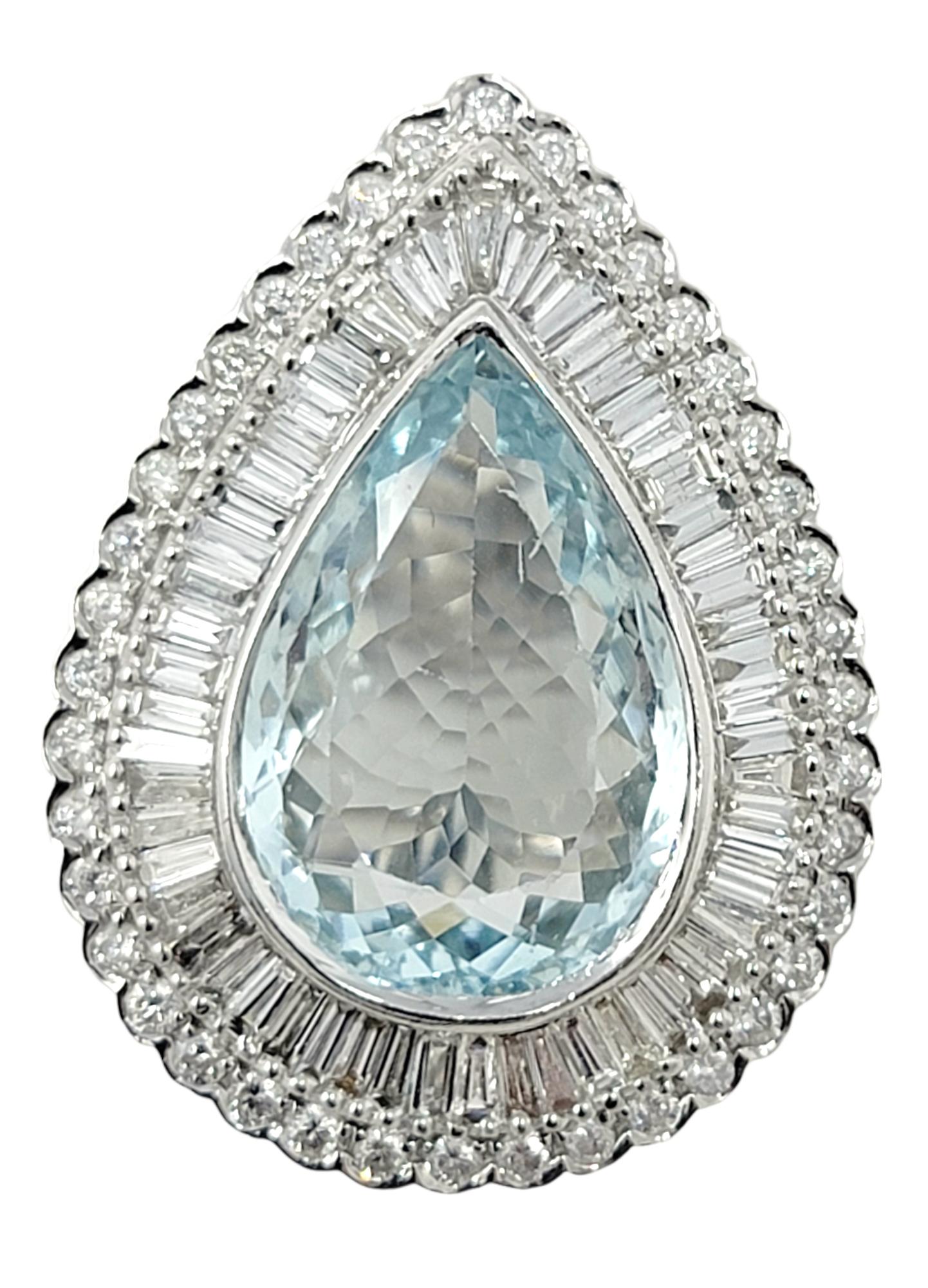 Ring size: 6.5

Simply exquisite aquamarine and diamond cocktail ring. This eye-catching piece makes a bold statement with its impressive size, incredible sparkle and stunning transparent color. The giant pear cut aquamarine stone is bezel set in 18