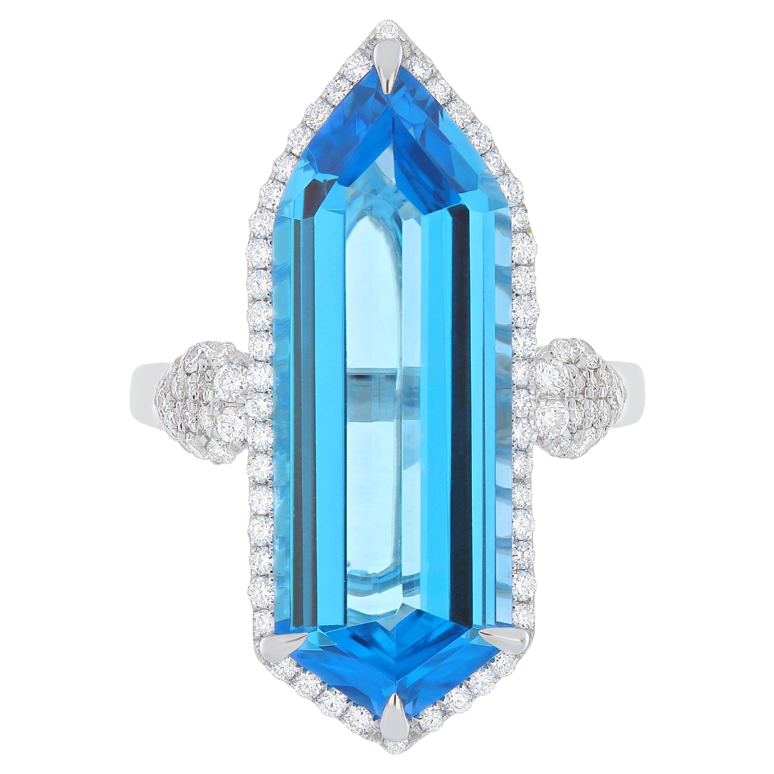 11.85 CT's Swiss Blue Topaz and Diamond Ring in 14k White  Gold Ring